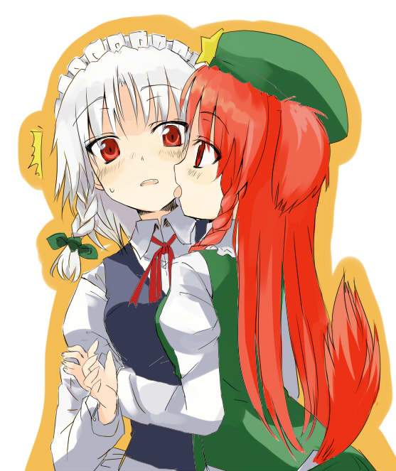 gotyou, hong meiling, inu sakuya (nejikirio), izayoi sakuya, embodiment of scarlet devil, touhou, silver hair, bad id, bad pixiv id, 2girls, animal ears, dog ears, female focus, hairband, hat, kemonomimi mode, licking, long hair, maid, multiple girls, red eyes, red hair, ribbon, short hair, surprised, tail, tongue, tsurime