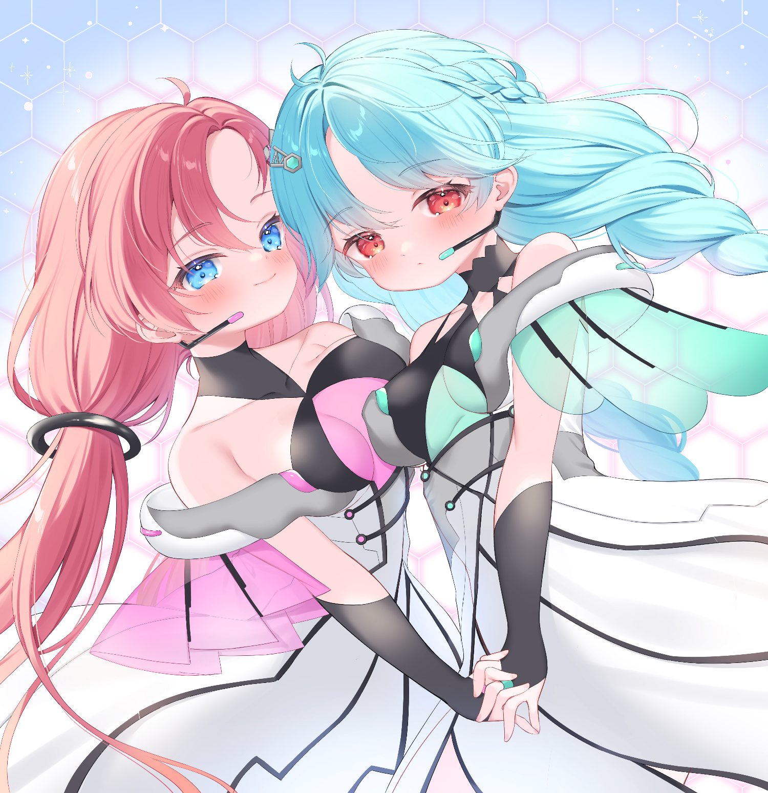 yasumi nashi, shinonome kokona, shinonome natsuhi, hinabita, highres, 2girls, ahoge, aqua hair, bare shoulders, blue eyes, breasts, closed mouth, dress, hair ornament, holding hands, long hair, low twintails, multiple girls, red eyes, red hair, twintails