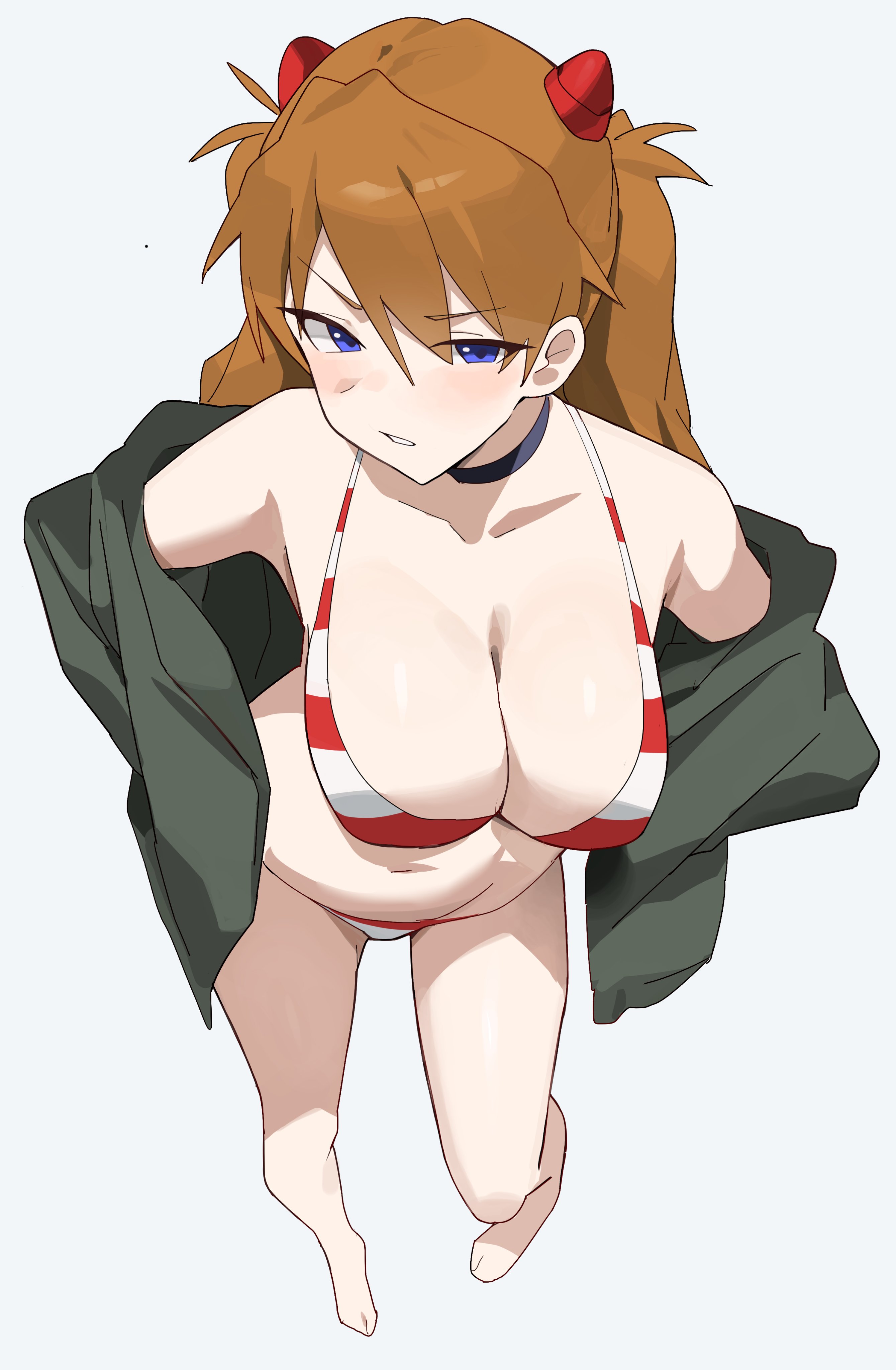 t-lex, souryuu asuka langley, neon genesis evangelion, highres, 1girl, :/, alternate breast size (larger), barefoot, bikini, black choker, blue eyes, blush, breasts, brown hair, choker, cleavage, curvy, from above, green jacket, hand on own hip, jacket, large breasts, legs together, long hair, looking at viewer, multicolored bikini, navel, open clothes, open jacket, red bikini, shiny skin, simple background, solo, string bikini, striped bikini, striped clothes, swimsuit, thong, thong bikini, tsundere, two-tone bikini, wide hips