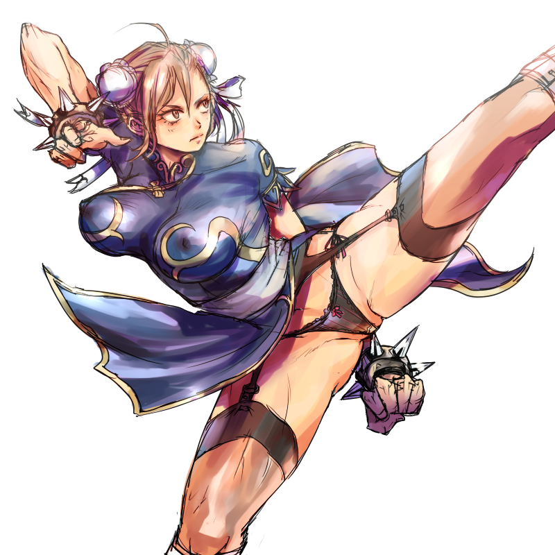 homex, chun-li, capcom, street fighter, md5 mismatch, 1girl, black panties, bow, bow panties, bracelet, breasts, brown hair, bun cover, china dress, chinese clothes, covered erect nipples, double bun, dress, female focus, garter belt, hair bun, high kick, jewelry, kicking, large breasts, panties, pelvic curtain, solo, spiked bracelet, spikes, striped clothes, striped panties, thighhighs, thong, underwear