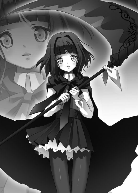 kimishima ao, original, bad id, bad pixiv id, greyscale, monochrome, pantyhose, scythe, short hair, solo