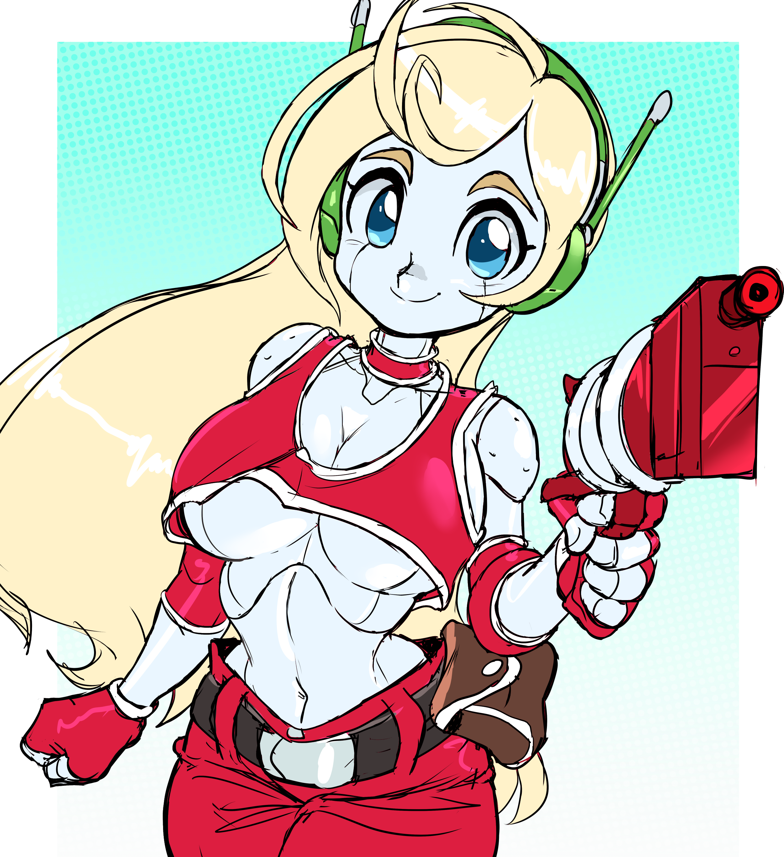 teevo, curly brace, doukutsu monogatari, android, blonde hair, blue eyes, breasts, choker, cleavage, colored skin, crop top, gun, large breasts, pants, red pants, robot, weapon, white skin