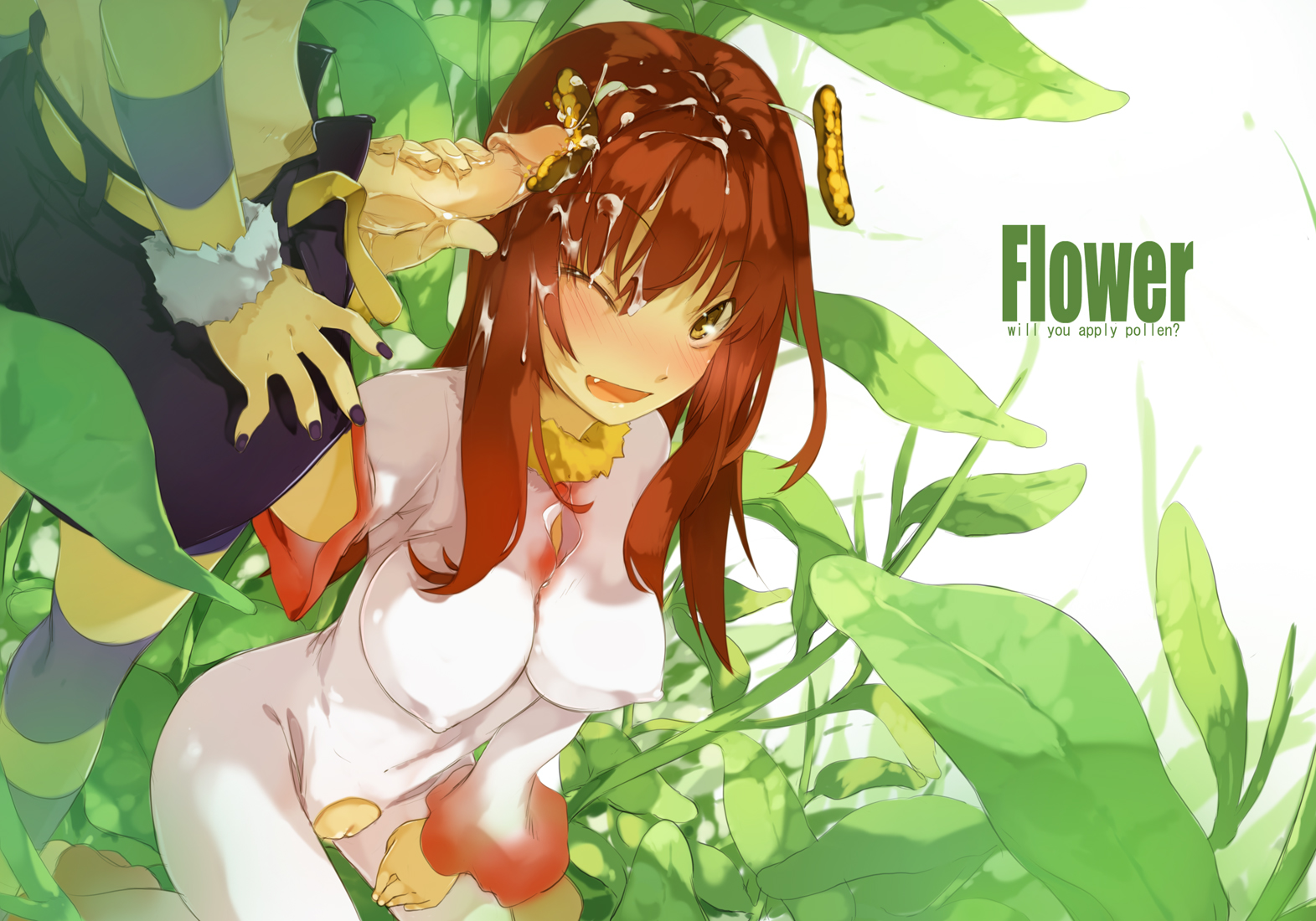 maruku, original, 1girl, antennae, bee, blush, brown hair, bug, cum, cum on hair, ejaculation, fang, handjob, long hair, monster girl, one eye closed, orange eyes, penis, plant girl, pussy, sitting, skin tight, solo focus, spread legs, spread pussy, uncensored, wink