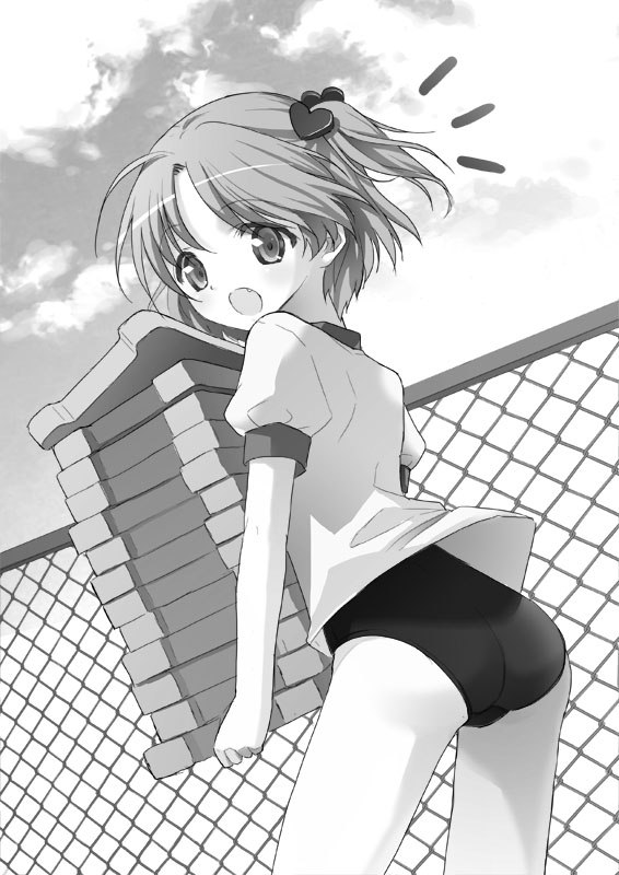 kimishima ao, original, bad id, bad pixiv id, 1girl, :o, ass, blush, carrying, chain-link fence, fang, female focus, fence, greyscale, gym uniform, kickboard, looking back, monochrome, no pants, one-piece swimsuit, school swimsuit, short hair, shy, solo, surprised, swimsuit, swimsuit under clothes