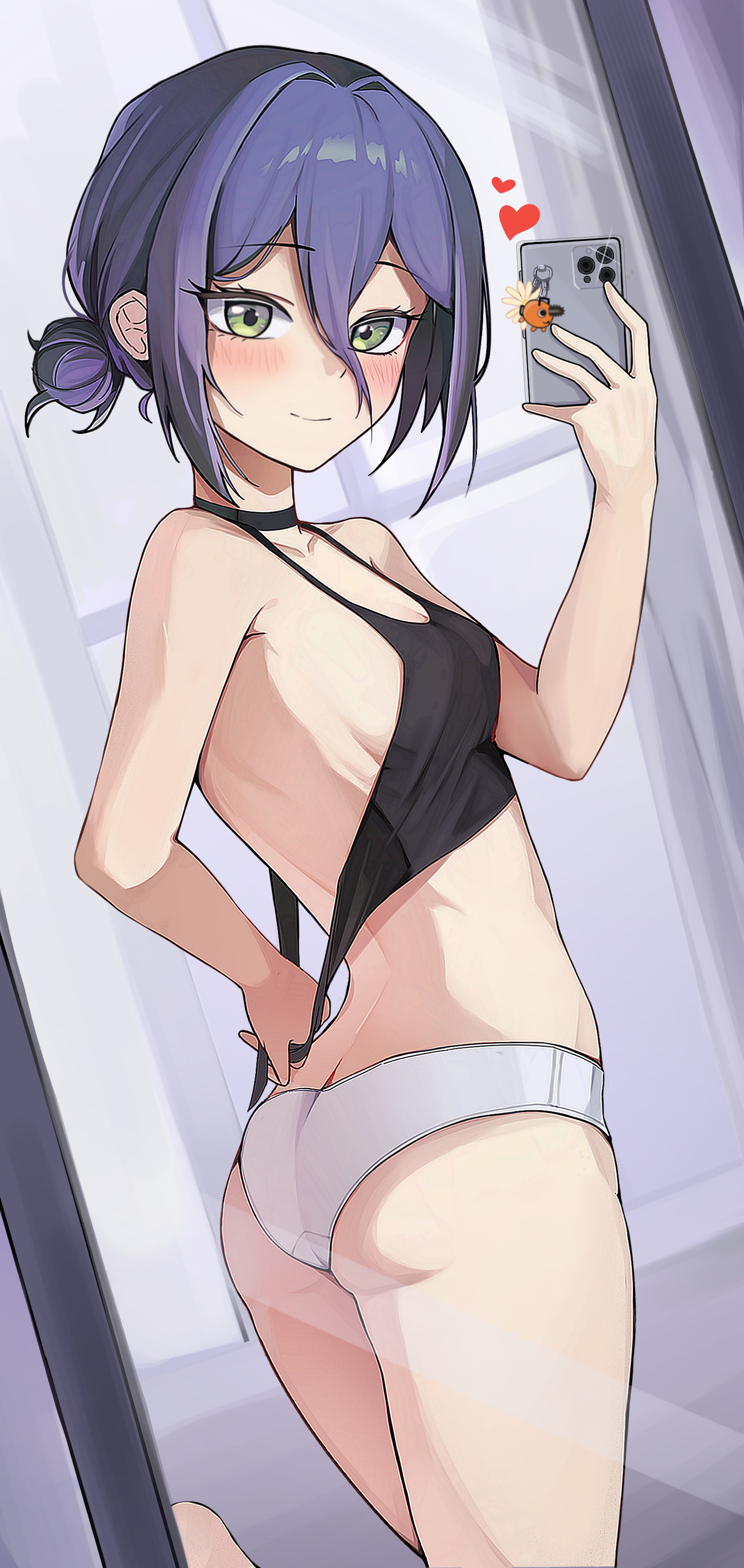 beerbear 7321, pochita (chainsaw man), reze (chainsaw man), chainsaw man, absurdres, highres, 1girl, ass, black camisole, black choker, blush, breasts, camisole, character charm, charm (object), choker, closed mouth, green eyes, hair between eyes, hair bun, hair intakes, heart, holding, holding phone, light smile, panties, phone, purple hair, reflection, reflection focus, selfie, small breasts, solo, underwear, white panties