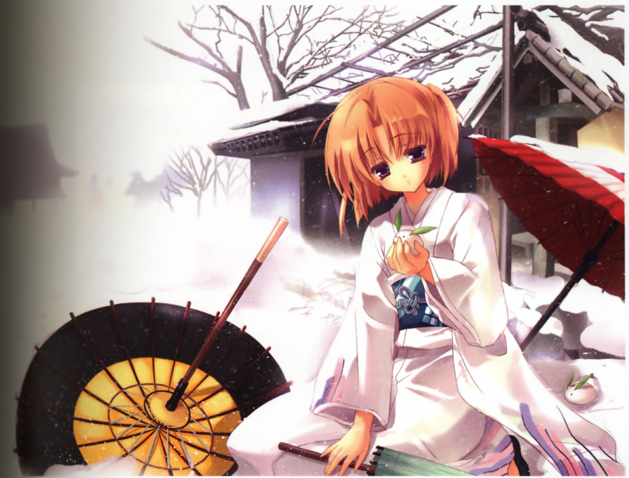 highres, tagme, hand fan, japanese clothes, orange hair, purple eyes, snow, solo, umbrella