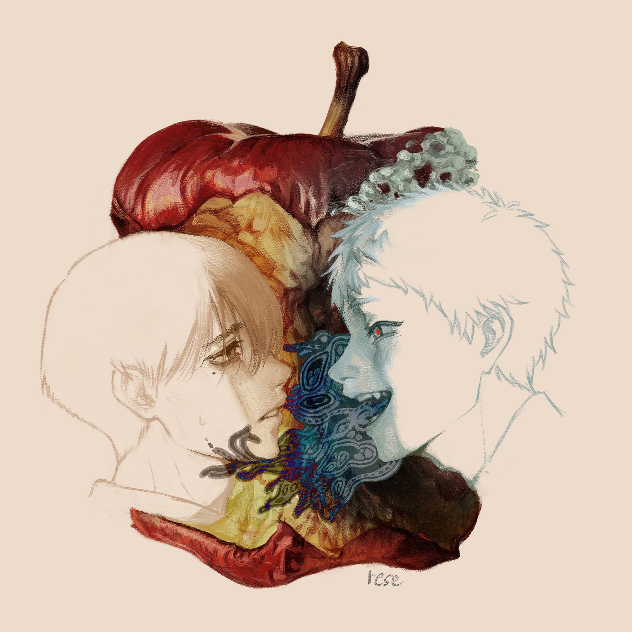 indou hikaru, tsujinaka yoshiki, hikaru ga shinda natsu, commentary, english commentary, highres, 2boys, apple, appletrend, artist name, fang, food, from side, fruit, happy, lips, male focus, mole, mole under eye, multiple boys, red pupils, researts, rotten, smile, teeth