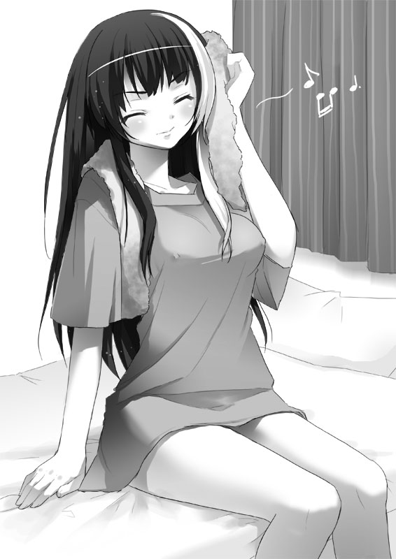 kimishima ao, original, bad id, bad pixiv id, 1girl, bottomless, breasts, closed eyes, covered erect nipples, female focus, greyscale, large breasts, long hair, monochrome, multicolored hair, musical note, no pants, sitting, solo, towel, two-tone hair
