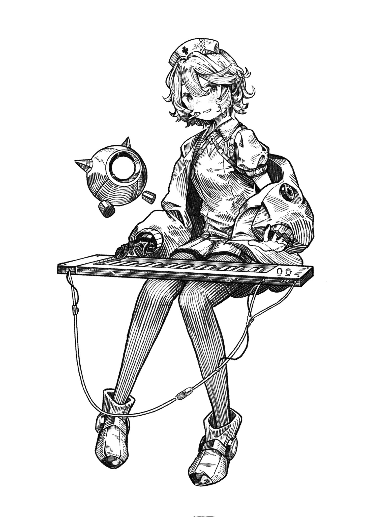 kilsturgeon, nurse robot type t, nurse robot type t (vocaloid6), utau, vocaloid, corrupted twitter file, highres, 1girl, boots, breasts, cable, coat, collared shirt, drone, full body, gloves, greyscale, hair between eyes, hat, headset, instrument, keyboard (instrument), looking at viewer, microphone, monochrome, nurse cap, off shoulder, open mouth, pantyhose, shirt, short hair, shorts, sitting, small breasts, smile, solo