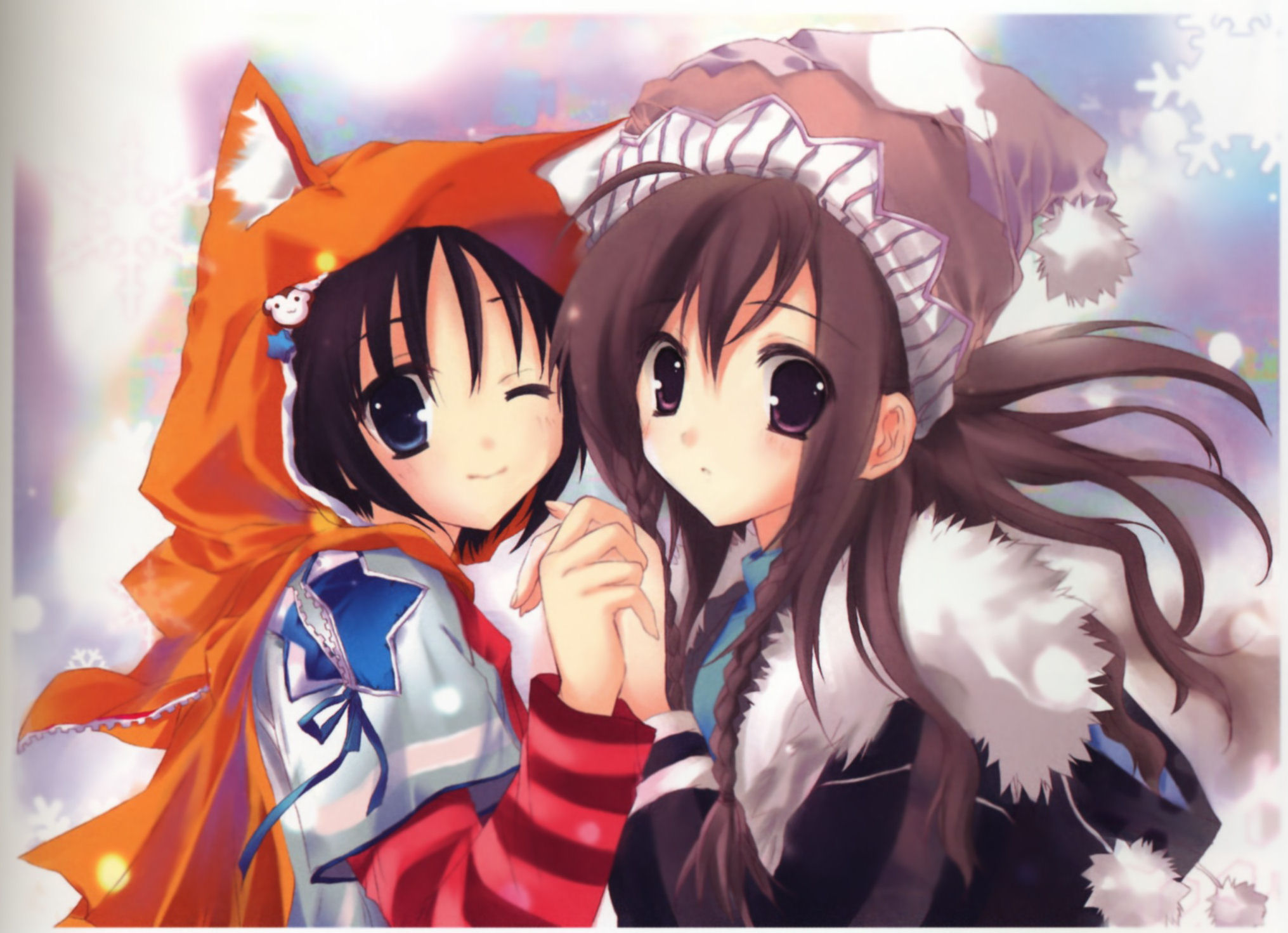asuna (artist), highres, 2girls, black hair, blue eyes, brown hair, multiple girls, purple eyes