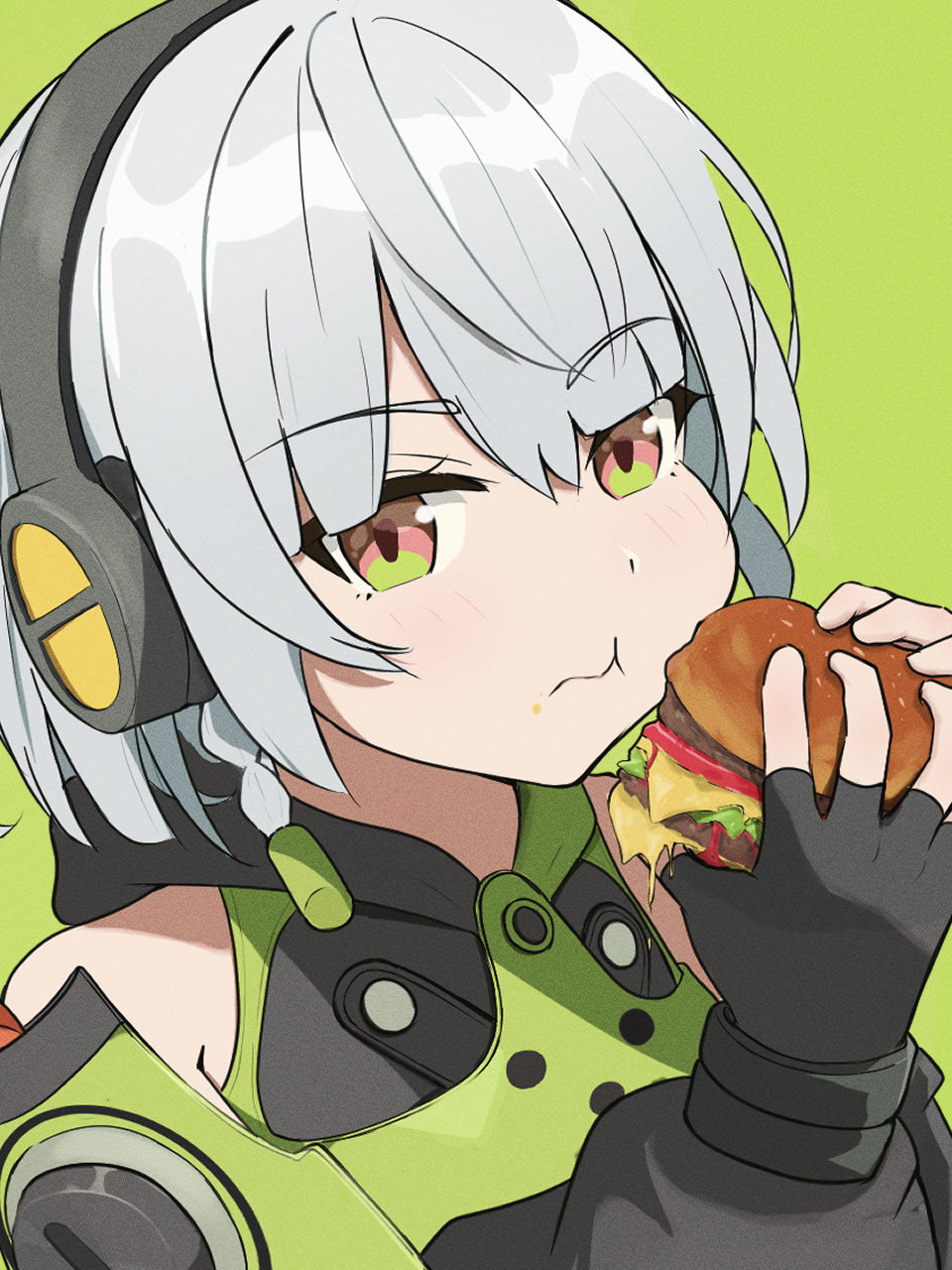 user huhj7422, anby demara, zenless zone zero, commentary request, highres, partial commentary, 1girl, :t, black gloves, bob cut, braid, burger, chewing, closed mouth, crumbs, eating, expressionless, fingerless gloves, food, food on face, gloves, green background, green eyes, hair tubes, headphones, holding, holding burger, holding food, hood, hood down, light blush, long sleeves, looking at viewer, multicolored eyes, pink eyes, portrait, puffy long sleeves, puffy sleeves, short hair, side braid, sleeve cuffs, solo, two-handed, two-tone eyes, white hair