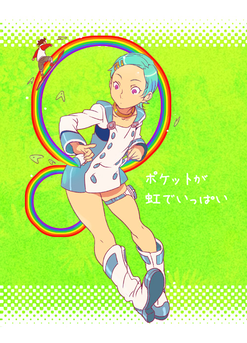 nam (nam990902), nanboku, eureka (eureka seven), renton thurston, eureka seven, eureka seven (series), white footwear, translation request, 00s, 1boy, 1girl, aqua hair, boots, flat chest, hair ornament, hairclip, legs, pink eyes, raglan sleeves, rainbow, short hair, thigh strap