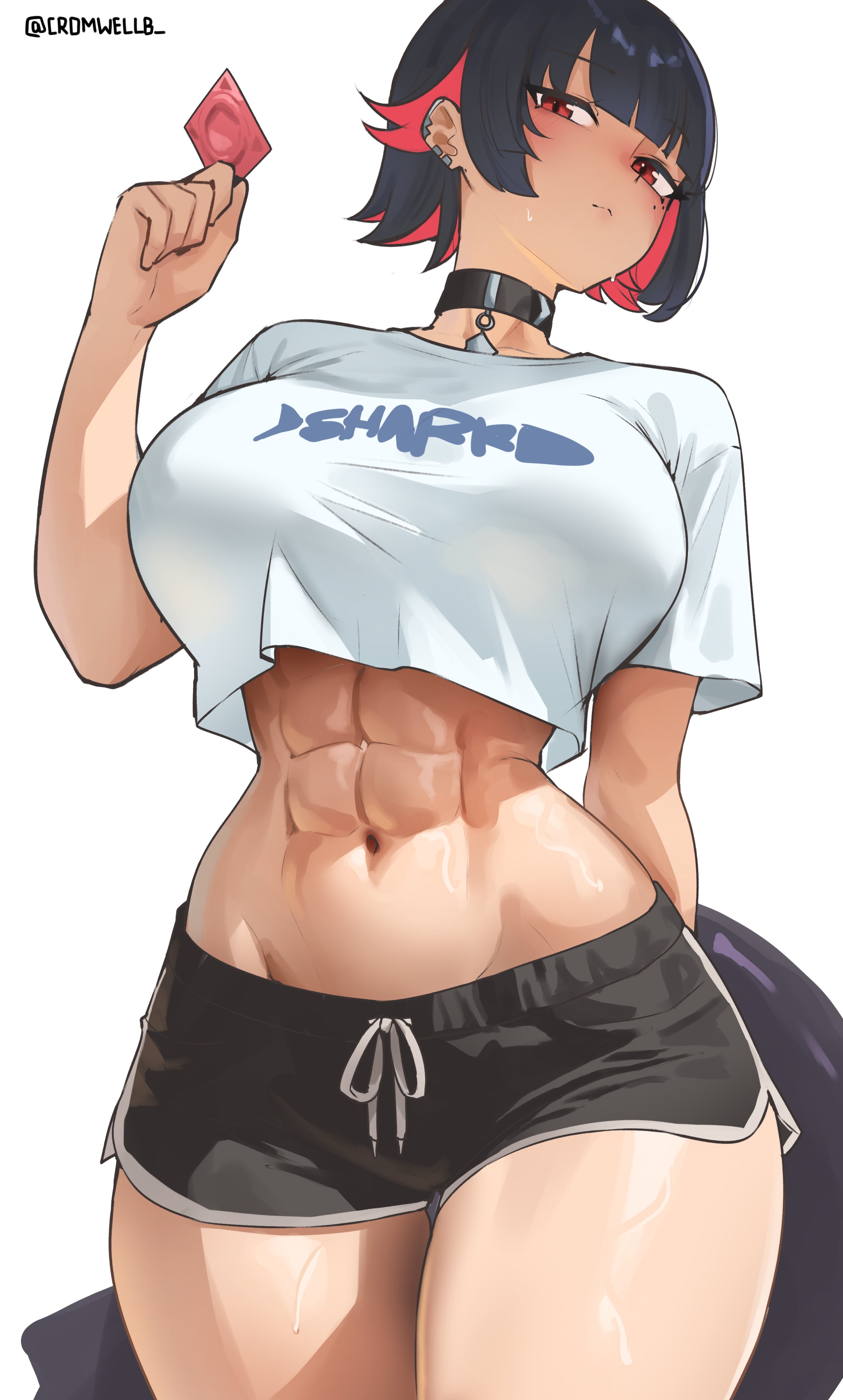 cromwellb, ellen joe, zenless zone zero, absurdres, highres, 1girl, abs, black hair, black shorts, breasts, choker, colored inner hair, condom, condom wrapper, crop top, ear piercing, holding, holding condom, large breasts, looking at viewer, multicolored hair, muscular, navel, piercing, red eyes, red hair, shirt, short hair, shorts, simple background, solo, white background, white shirt