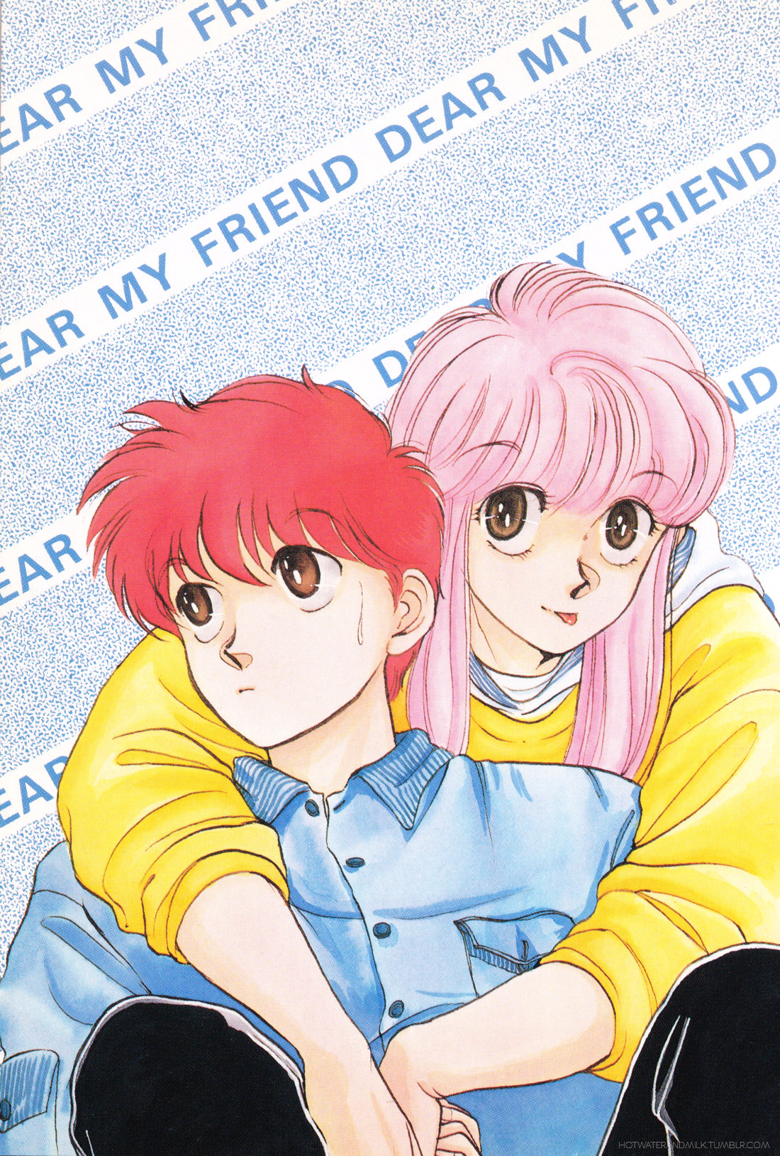 hasukawa kazuya, kisaragi shun, koko wa greenwood, commentary, english commentary, highres, third-party edit, 2boys, androgynous, blue shirt, brown eyes, closed mouth, english text, eyelashes, hug, hug from behind, long hair, looking at viewer, looking to the side, male focus, multiple boys, nasu yukie, nervous sweating, pink hair, red hair, shirt, sweat, third-party watermark, tongue, tongue out, trap