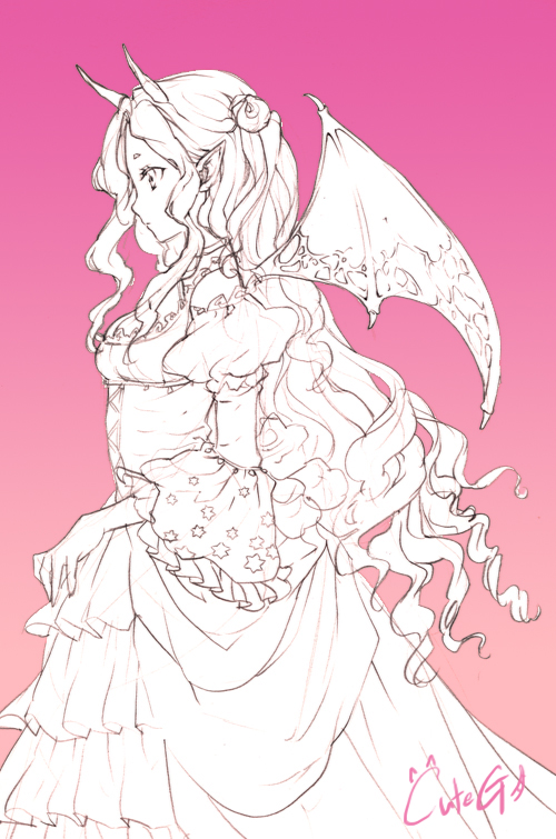 cuteg, original, bad id, bad pixiv id, tagme, dress, horns, monochrome, solo, wings