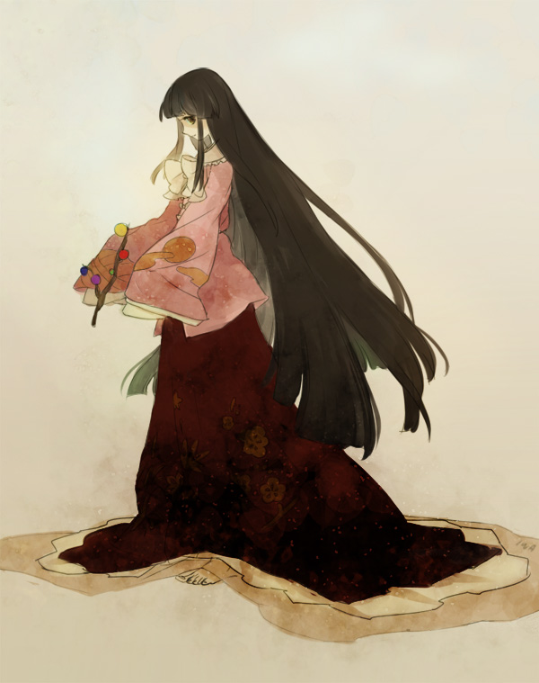 iwamoto zerogo, houraisan kaguya, touhou, 1girl, barefoot, black hair, bow, bowtie, branch, female focus, hime cut, jeweled branch of hourai, long hair, profile, solo, very long hair