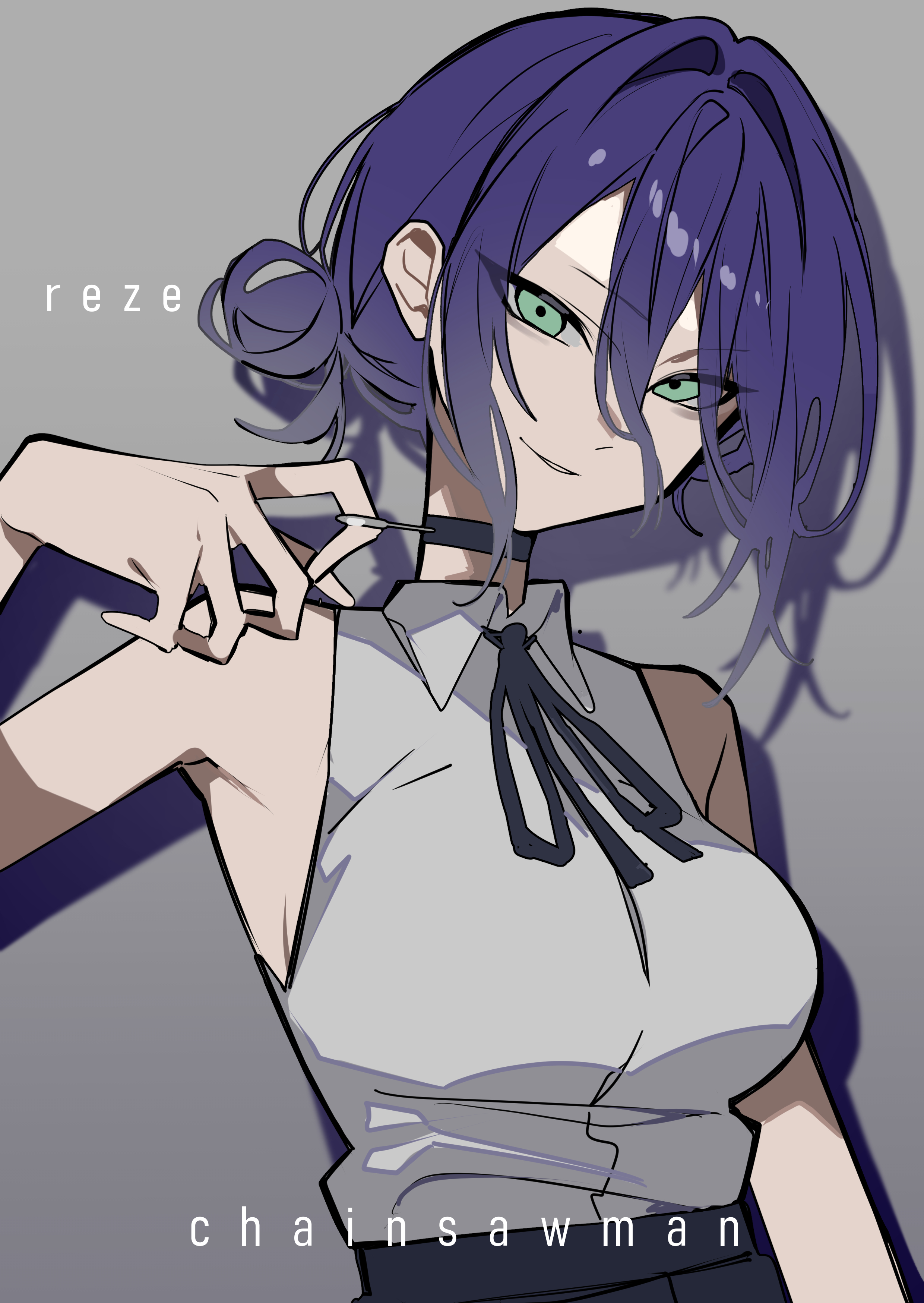 vixsi art, reze (chainsaw man), chainsaw man, absurdres, highres, 1girl, black choker, black ribbon, breasts, character name, choker, copyright name, green eyes, grey background, grey shirt, hair between eyes, hair bun, large breasts, looking at viewer, neck ribbon, purple hair, ribbon, shirt, sleeveless, sleeveless shirt, solo