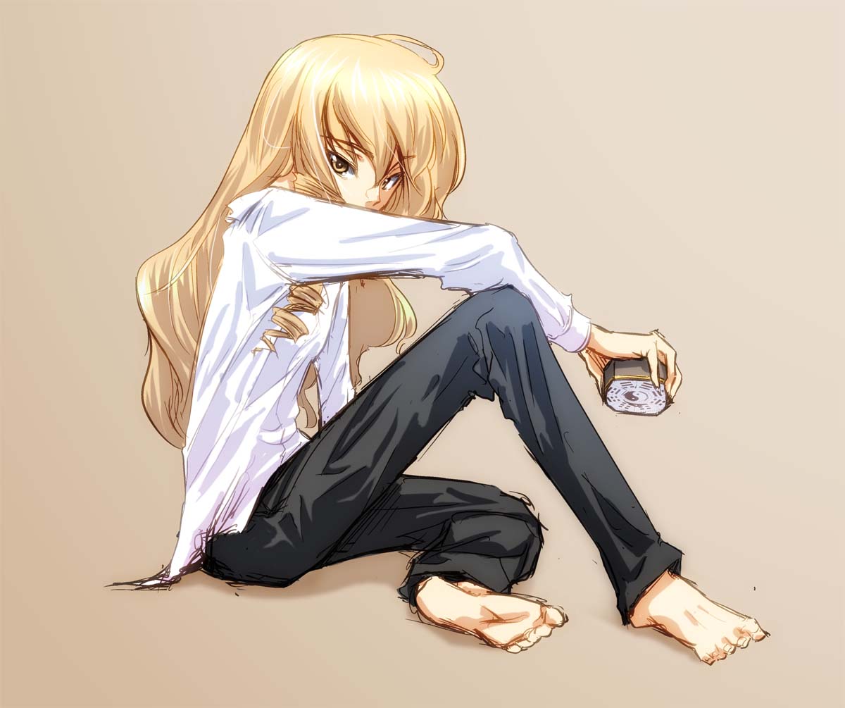 heijitsu (paapuu), kirisame marisa, touhou, 1girl, barefoot, blonde hair, casual, dress shirt, drill hair, feet, female focus, full body, long hair, mini-hakkero, pants, shirt, simple background, sitting, sketch, solo, white shirt, yellow eyes