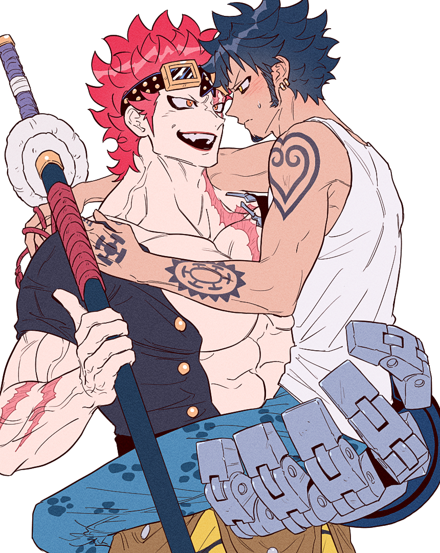 yakumo (ykm), eustass kid, trafalgar law, one piece, commentary request, 2boys, :d, abs, arm tattoo, biceps, black hair, black shirt, blue pants, blush, buttons, carrying, carrying person, closed mouth, collarbone, earrings, eye contact, facial hair, fangs, finger tattoo, frown, goatee, goggles, goggles on head, gold earrings, hand tattoo, holding, holding sheath, holding sword, holding weapon, jewelry, katana, large pectorals, looking at another, male focus, mechanical arms, multiple boys, open clothes, open mouth, open shirt, pants, pectoral cleavage, pectorals, red eyes, red hair, red lips, scar, scar across eye, scar on arm, scar on chest, scar on face, scar on neck, sheath, sheathed, shirt, short hair, short sleeves, shoulder tattoo, sideburns, simple background, single mechanical arm, smile, spiked hair, standing, sweatdrop, sword, tank top, tattoo, teeth, upper teeth only, v-shaped eyebrows, veins, weapon, white background, white tank top, yaoi, yellow eyes, yellow pants