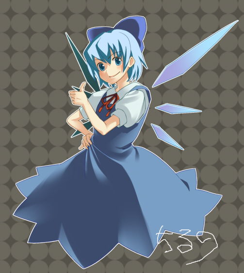 mugishima orie, cirno, touhou, 1girl, blue eyes, blue hair, bow, dress, female focus, full body, hair bow, hair ribbon, matching hair/eyes, ribbon, short hair, solo, thumbs up, wings