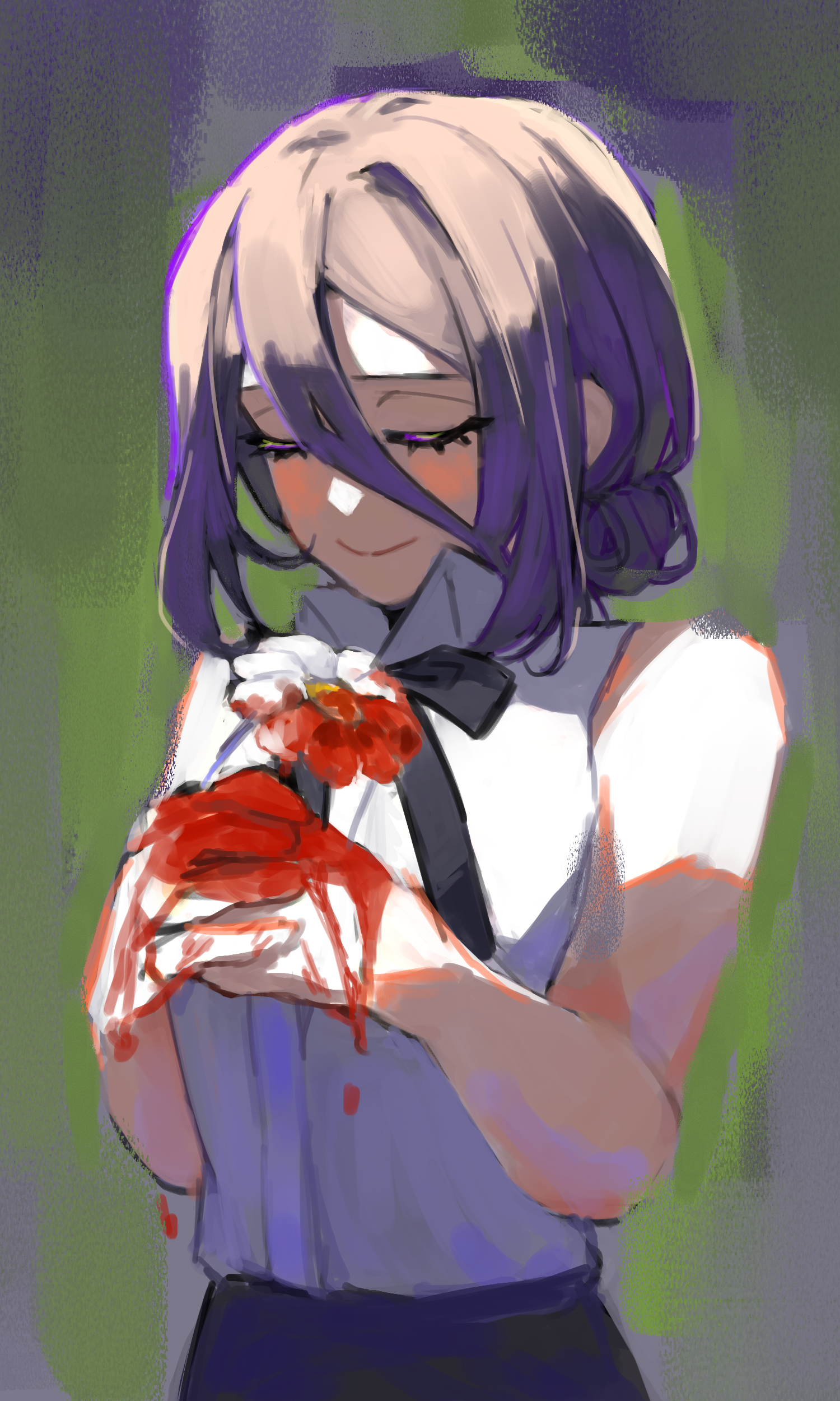 reze (chainsaw man), chainsaw man, absurdres, highres, 1girl, black ribbon, blood, blood on hands, closed eyes, closed mouth, collared shirt, flower, hair between eyes, holding, holding flower, kurook, neck ribbon, purple hair, ribbon, shirt, shirt tucked in, sleeveless, sleeveless shirt, smile, solo, white flower, white shirt