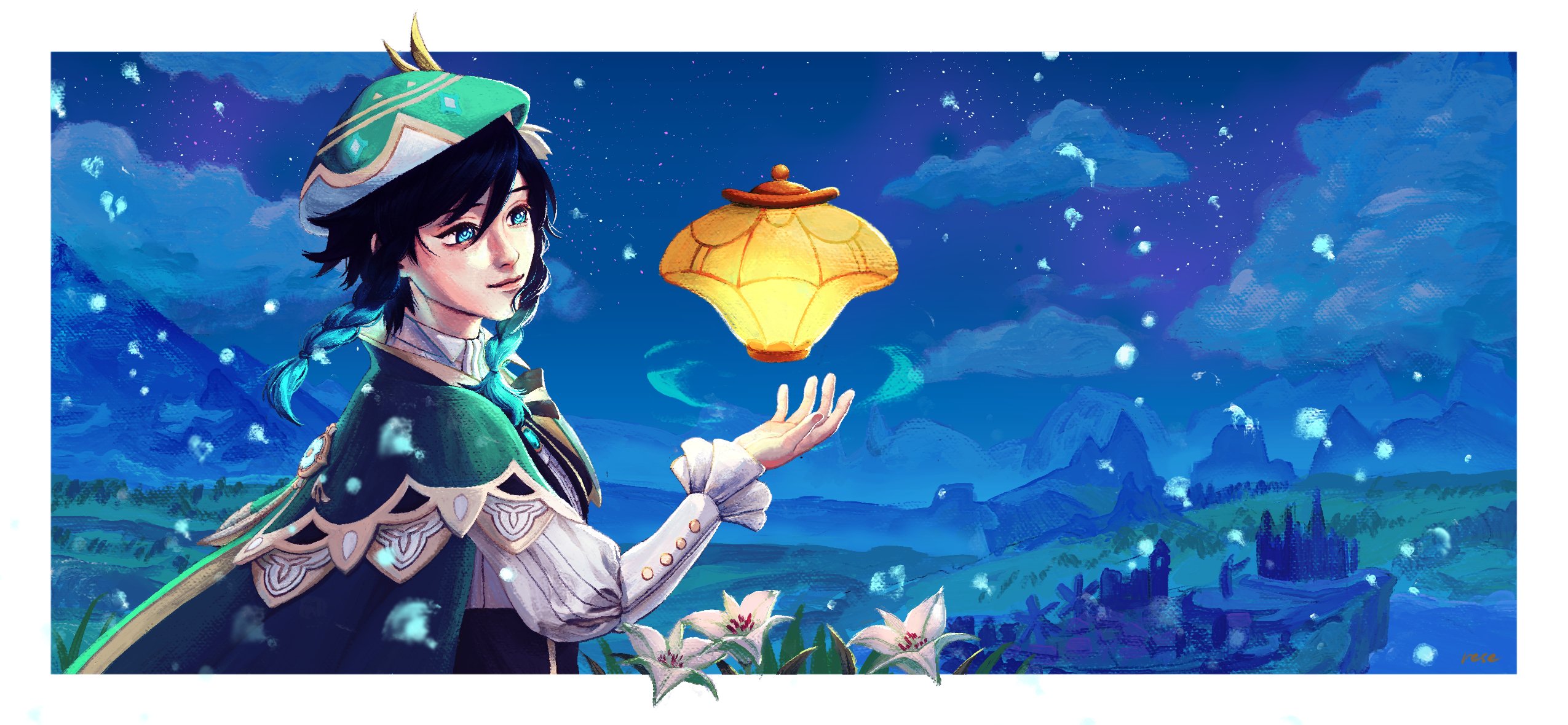 venti (genshin impact), genshin impact, commentary, english commentary, highres, 1boy, aqua eyes, black hair, blue hair, border, braid, cape, closed mouth, cloud, flower, gradient hair, green cape, green hat, hat, lips, male focus, multicolored hair, night, nose, researts, short hair with long locks, sky, solo, twin braids, upper body, white border, white flower