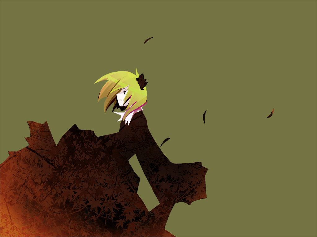 takanashi akihito, aki shizuha, touhou, 1girl, black dress, blonde hair, dress, female focus, floating hair, green background, long sleeves, petals, short hair, simple background, solo, standing, wind
