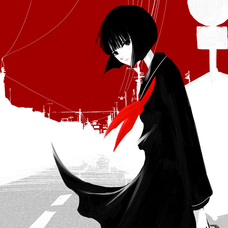 emukami, 1girl, black hair, city, female focus, high contrast, monochrome, outdoors, power lines, red eyes, school uniform, serafuku, short hair, sky, solo, spot color, standing