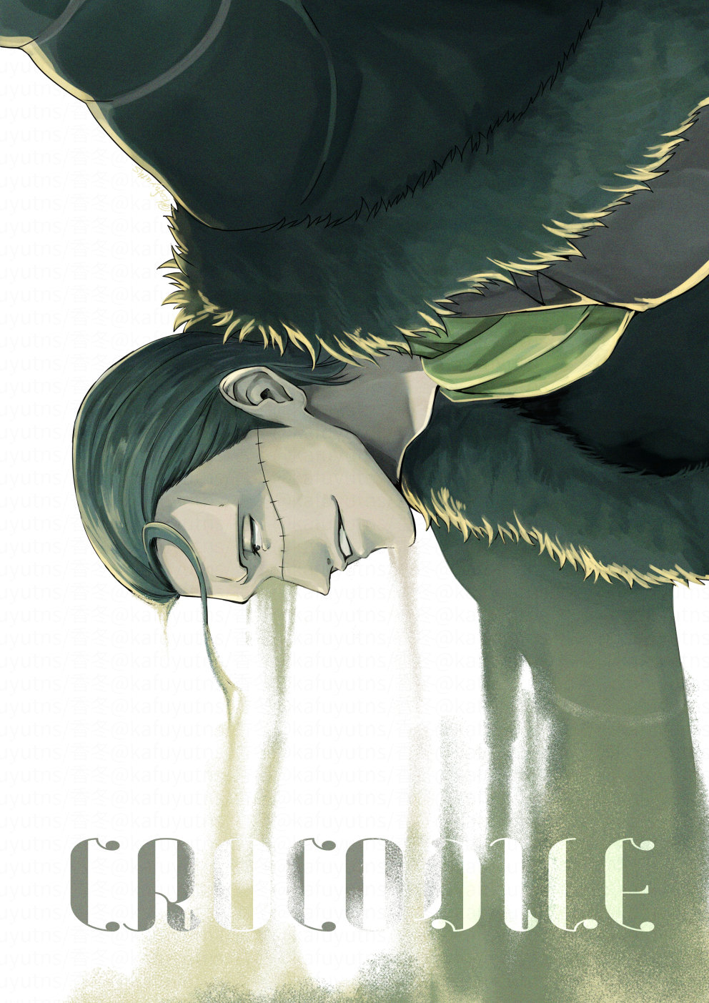 kafuyutns, crocodile (one piece), one piece, commentary request, highres, 1boy, black eyes, black hair, character name, coat, fur-trimmed coat, fur trim, hair slicked back, male focus, mature male, outstretched arm, parted lips, short hair, sideways, simple background, solo, stitched face, stitches, upper body, white background
