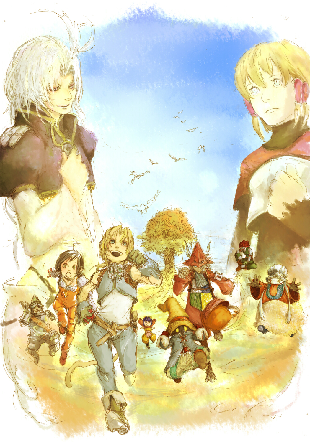 maona0813, adelbert steiner, amarant coral, black mage (final fantasy), dragoon (final fantasy), eiko carol, freya crescent, garnet til alexandros xvii, kuja, mikoto (ff9), mikoto (ffix), monk (final fantasy), quina quen, summoner (final fantasy), thief (final fantasy), vivi ornitier, zidane tribal, final fantasy, final fantasy ix, highres, 00s, 4girls, 5boys, bird, blonde hair, bodysuit, burmecian, child, dragoon, furry, knight, latex, latex suit, monk, multiple boys, multiple girls, shiny clothes, skin tight, summoner