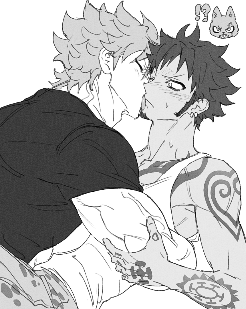yakumo (ykm), eustass kid, trafalgar law, one piece, commentary request, !?, 2boys, arm tattoo, biceps, blush, closed eyes, collarbone, earrings, facial hair, finger tattoo, french kiss, goatee, greyscale, hand tattoo, jewelry, kiss, looking at another, male focus, monochrome, multiple boys, muscular, muscular male, nose blush, one eye closed, pants, shirt, short hair, short sleeves, shoulder tattoo, sideburns, simple background, spiked hair, sweat, tank top, tattoo, tongue, tongue out, veins, white background, yaoi