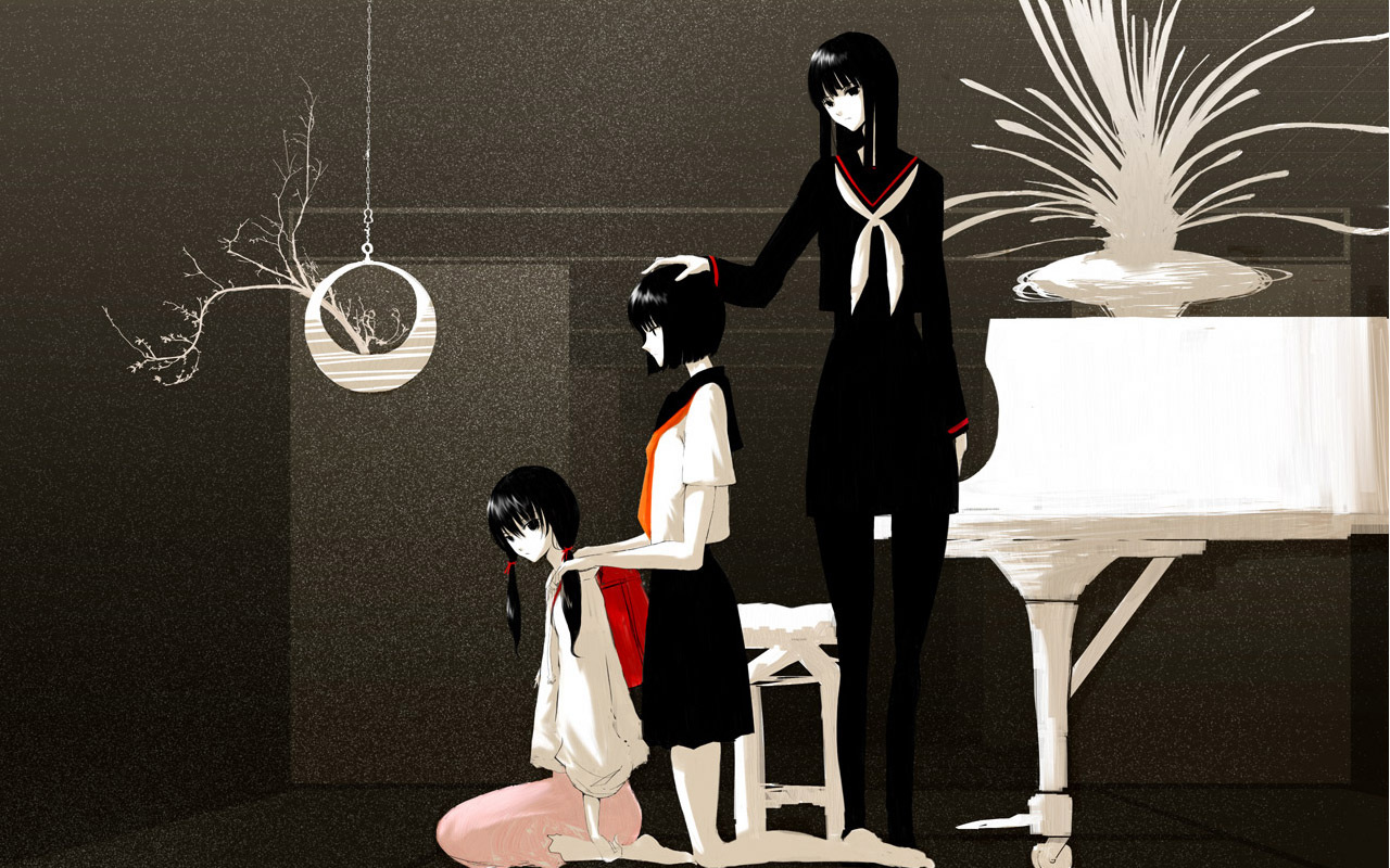 emukami, backpack, bag, black hair, kneeling, long hair, pale skin, randoseru, school uniform, seiza, serafuku, short hair, sitting, standing