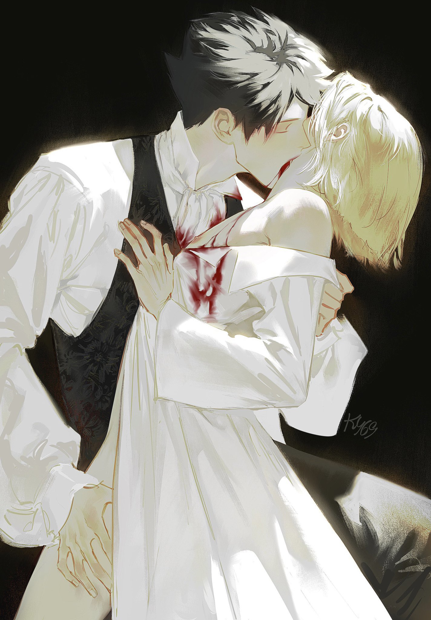 ky 69, kozume kenma, kuroo tetsurou, haikyuu!!, commentary, english commentary, highres, 2boys, alternate costume, artist name, black background, black hair, blonde hair, blood, blood on clothes, closed eyes, hand on another's thigh, male focus, multiple boys, nipples, short hair, simple background, vampire, yaoi