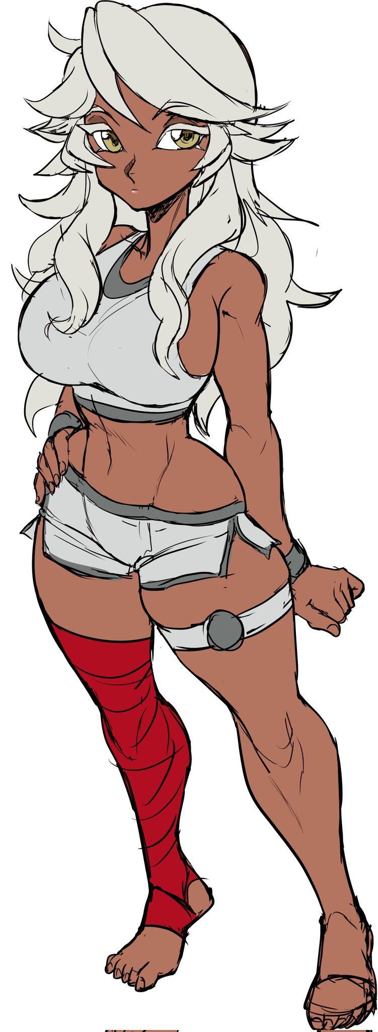 teevo, ramlethal valentine, guilty gear, barefoot, breasts, brown eyes, crop top, dark-skinned female, dark skin, hand on own hip, large breasts, long hair, navel, short shorts, shorts, sideboob, thighhighs, wavy hair, white hair