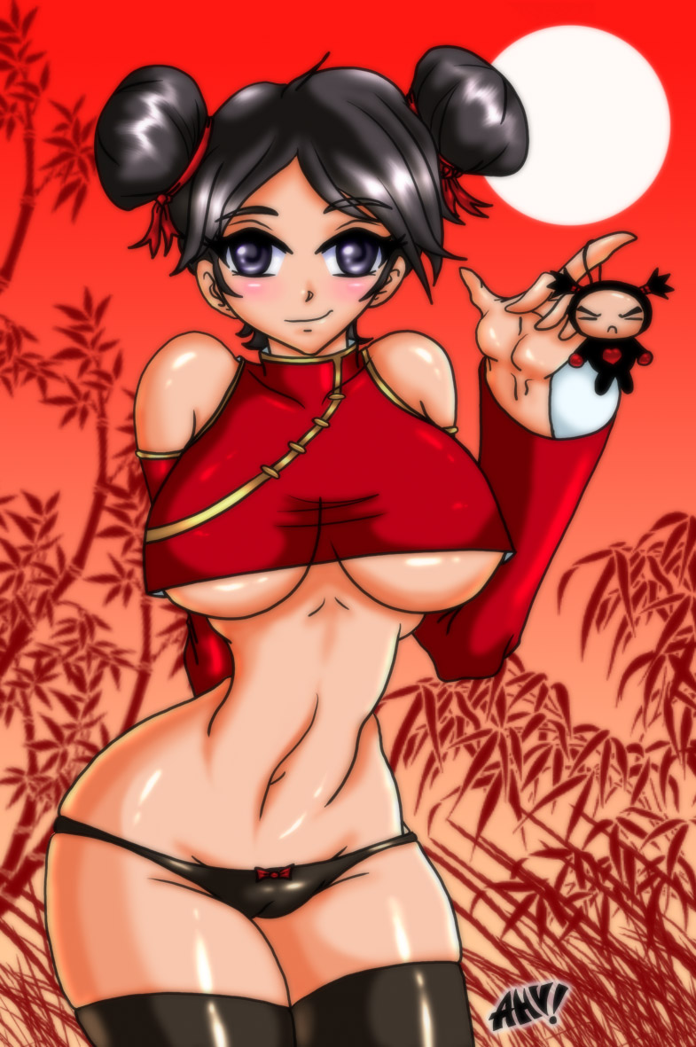 desingahv, garu, pucca, pucca (cartoon), black legwear, tagme, = =, bamboo, bare shoulders, black hair, black panties, blue eyes, blush, breasts, charm (object), chinese clothes, crop top, detached sleeves, double bun, frown, hair bun, hair ribbon, large breasts, lowleg, lowleg panties, narrow waist, no bra, outdoors, panties, ribbon, shiny skin, shirt, short hair, smile, standing, sun, sunset, taut clothes, taut shirt, thighhighs, turtleneck, underboob, underwear, wide hips