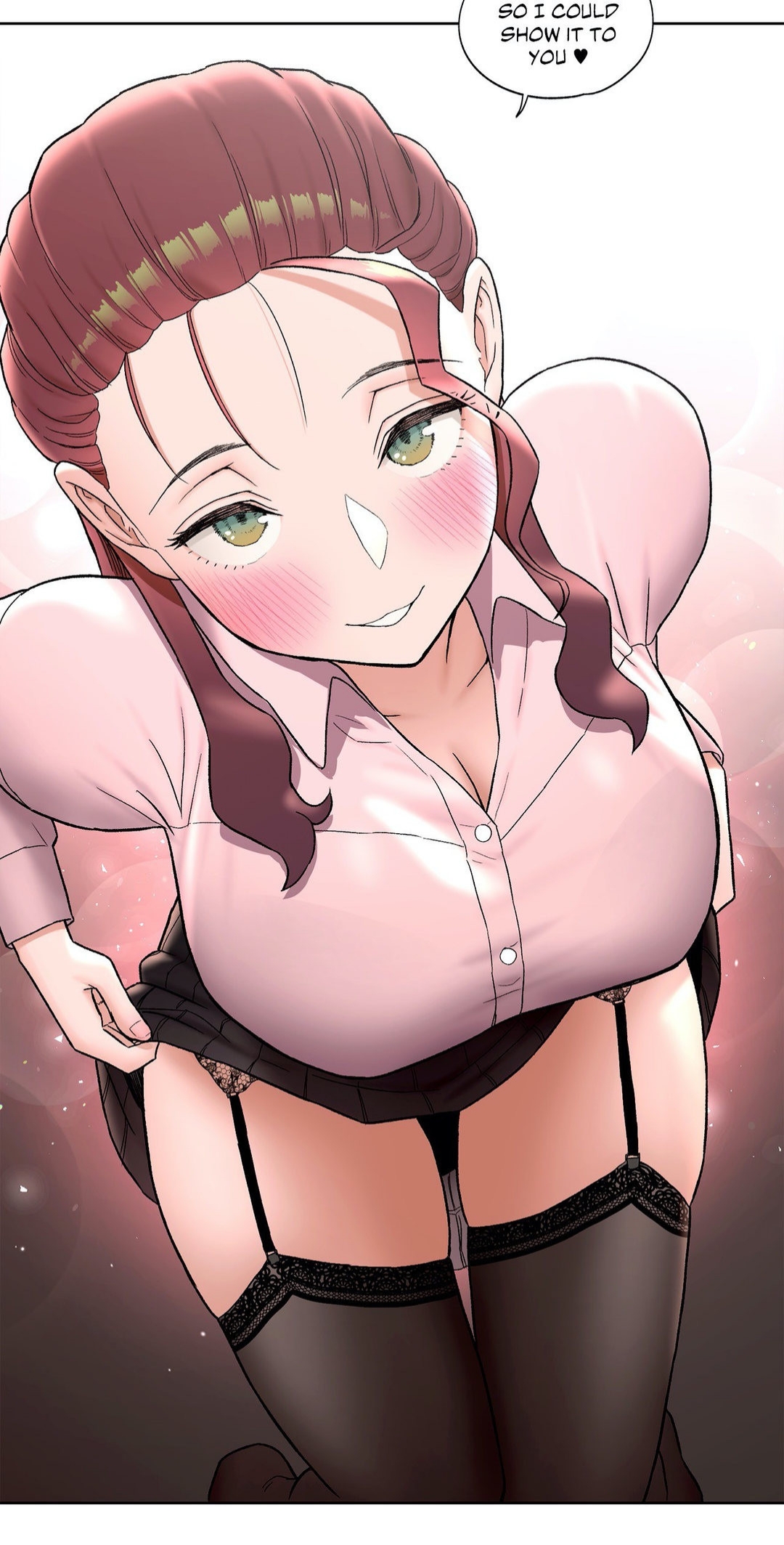 pornhwa, webtoon, artist request, character request, colorized, cropped, highres, official art, translated, 1girl, black garter belt, black garter straps, black socks, black thighhighs, blush, breasts, cleavage, collarbone, collared shirt, english text, female focus, garter belt, garter straps, green eyes, lace, lace-trimmed panties, lace trim, large breasts, legs, long hair, long sleeves, looking at viewer, no bra, open mouth, panties, pink shirt, removing panties, shirt, shirt tucked in, smile, socks, solo, solo focus, speech bubble, thighhighs, thighs, underwear, zettai ryouiki