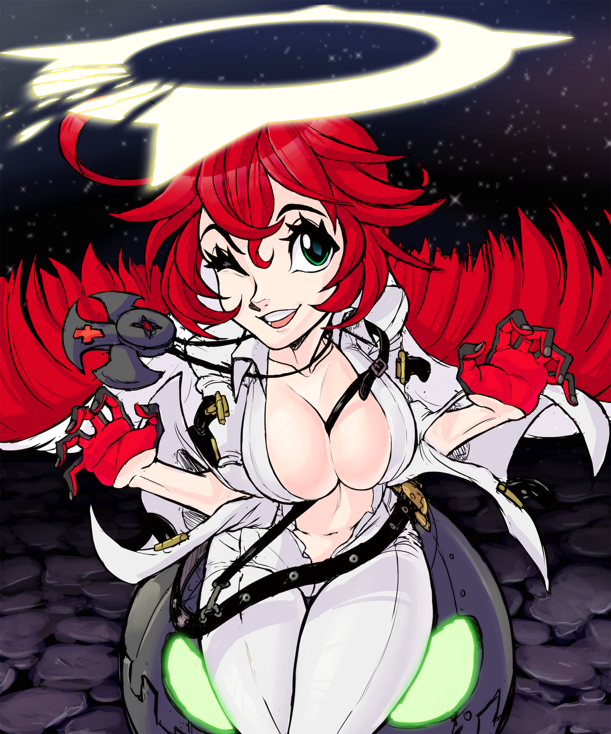 teevo, jack-o' valentine, guilty gear, between breasts, breasts, cleavage, green eyes, halo, large breasts, medallion, navel, one eye closed, red hair, strap between breasts, wink