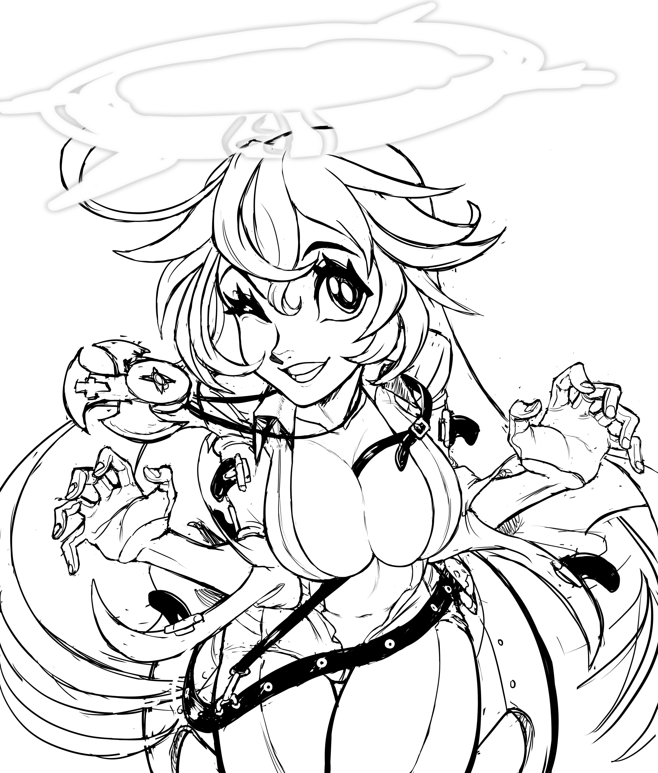 teevo, jack-o' valentine, guilty gear, between breasts, breasts, cleavage, halo, large breasts, medallion, navel, one eye closed, sketch, strap between breasts, wink