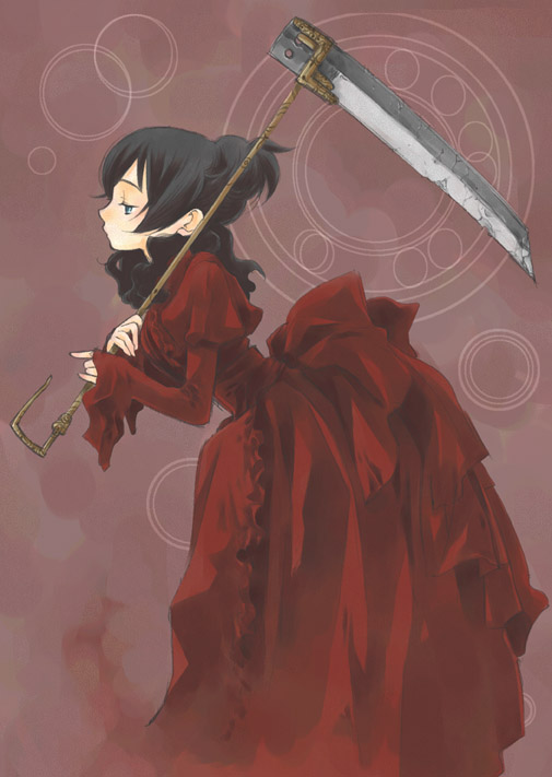 toujou sakana, black hair, blue eyes, dress, gown, long hair, red theme, scythe, solo, weapon