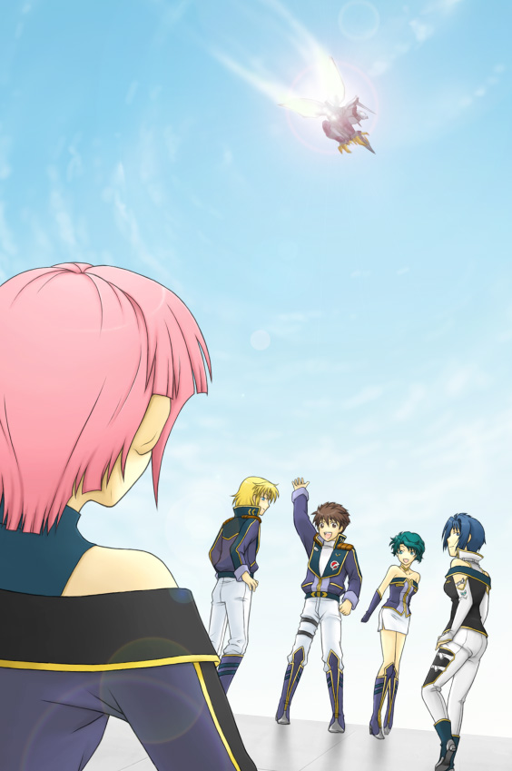 hitsuji gatsu, mizuki kaya, aya kobayashi, cybuster, mai kobayashi, raidese f branstein, ryuusei date, viletta badam, viletta vadim, banpresto, super robot wars, super robot wars original generation, uniform, bad id, bad pixiv id, 3girls, bare shoulders, blonde hair, blue hair, brown hair, elbow gloves, gloves, green hair, happy, lens flare, mecha, multiple girls, robot, smile, waving