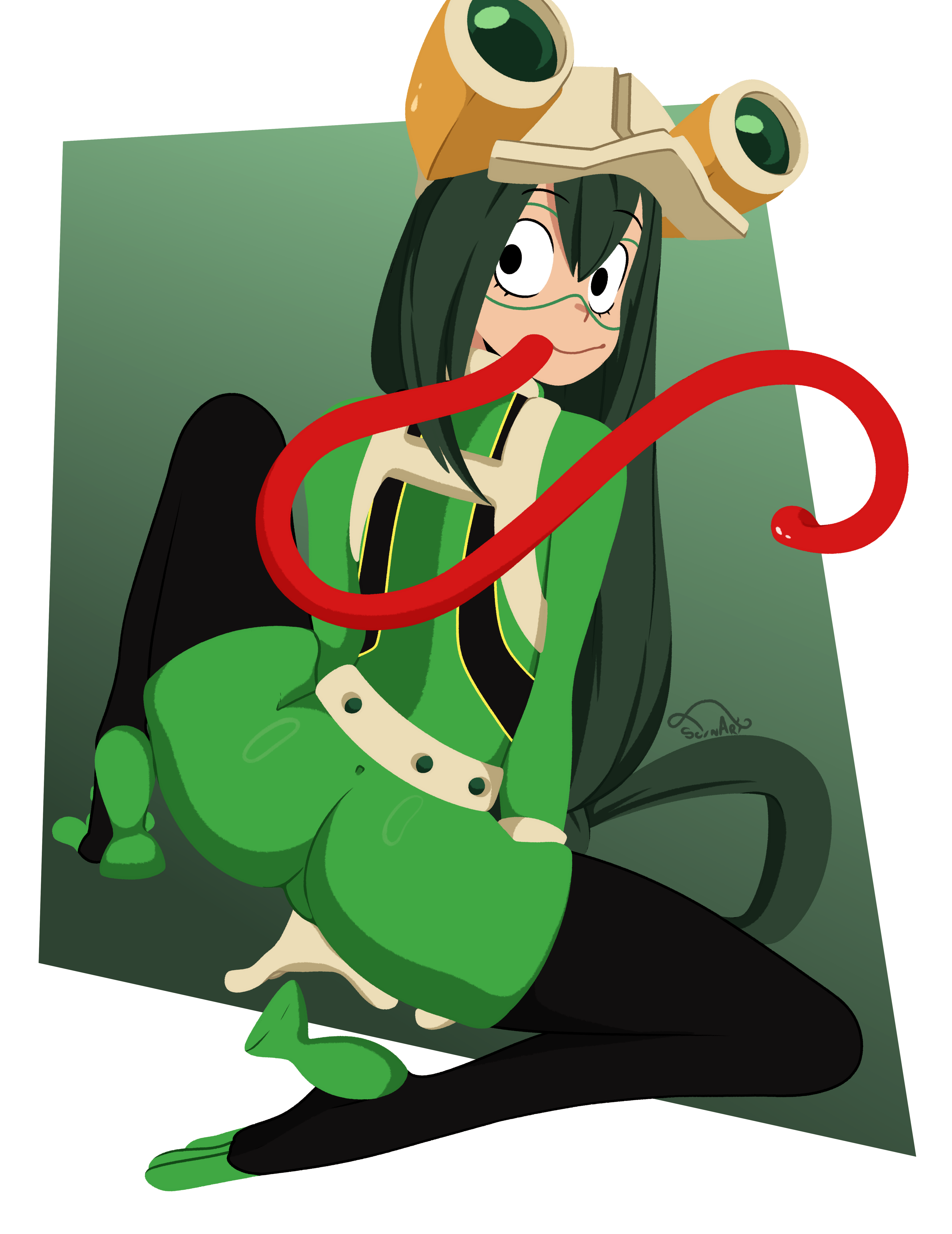 scyn (artist), asui tsuyu, boku no hero academia, 1girl, artist name, ass, asui tsuyu (hero outfit), black eyes, black hair, bodysuit, female focus, goggles, goggles on head, green bodysuit, green hair, long tongue, solo, superhero costume, tongue, tongue out