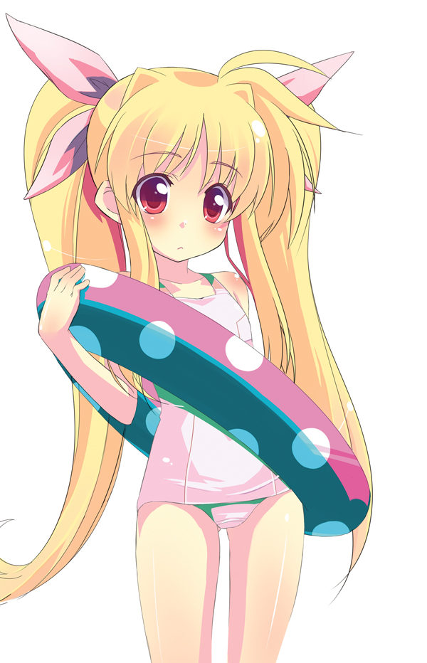 fate testarossa, lyrical nanoha, mahou shoujo lyrical nanoha, 00s, 1girl, blonde hair, cowboy shot, female focus, innertube, long hair, one-piece swimsuit, red eyes, school swimsuit, simple background, solo, swim ring, swimsuit, very long hair, white background, white one-piece swimsuit