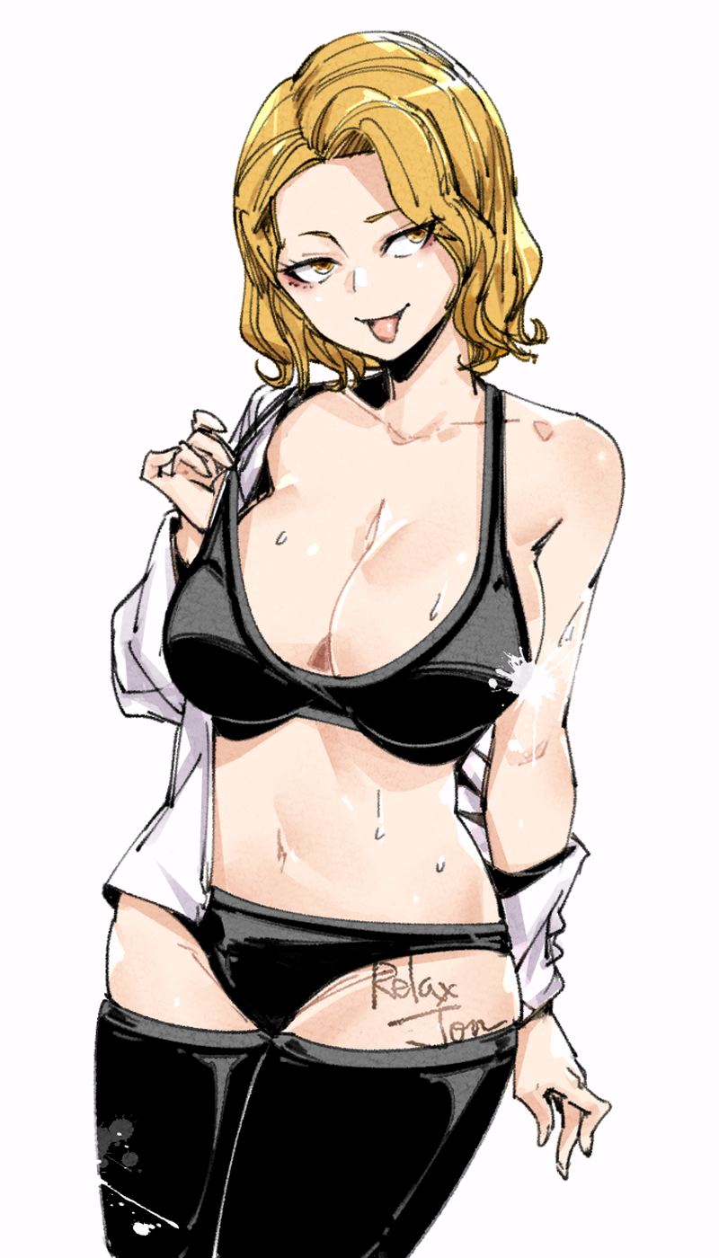 relaxjon, sazanami kuina, tougen anki, commentary, english commentary, highres, 1girl, artist name, black bra, black panties, black thighhighs, blonde hair, bra, breasts, collarbone, curtained hair, large breasts, looking at viewer, medium hair, navel, open clothes, open shirt, panties, shirt, simple background, solo, sweat, thighhighs, tongue, tongue out, underwear, white background, white shirt, yellow eyes