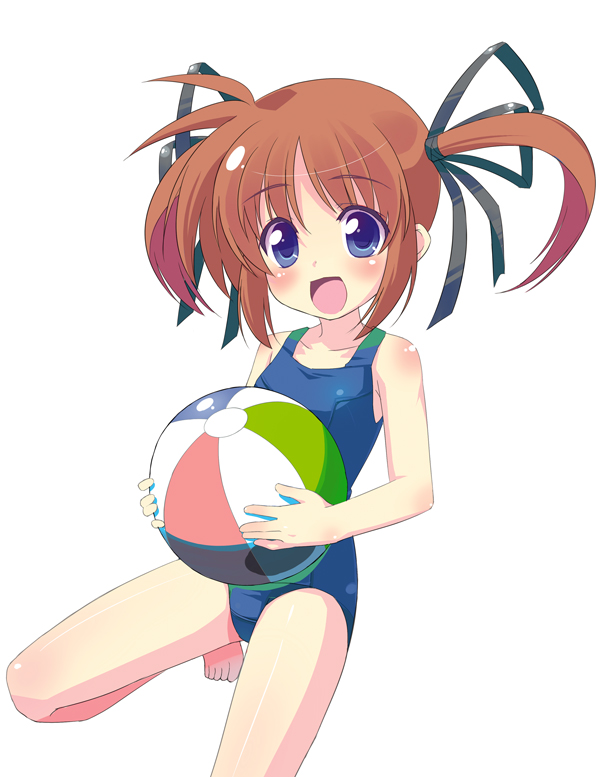 takamachi nanoha, lyrical nanoha, mahou shoujo lyrical nanoha, 00s, ball, beachball, cowboy shot, one-piece swimsuit, simple background, solo, swimsuit, white background