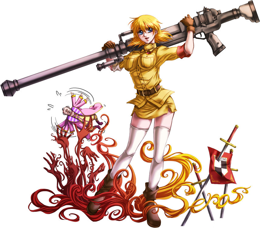 hoshikawa yuu, seras victoria, vladimir harkonnen, dune (series), hellsing, uniform, bad id, bad pixiv id, 1girl, anti-materiel rifle, blonde hair, blue eyes, boots, breast pocket, breasts, cannon, floating, gloves, gun, harkonnen (gun), large breasts, miniskirt, name connection, object namesake, personification, pocket, rifle, science fiction, skirt, sniper rifle, sword, thighhighs, vampire, weapon, white thighhighs, zettai ryouiki