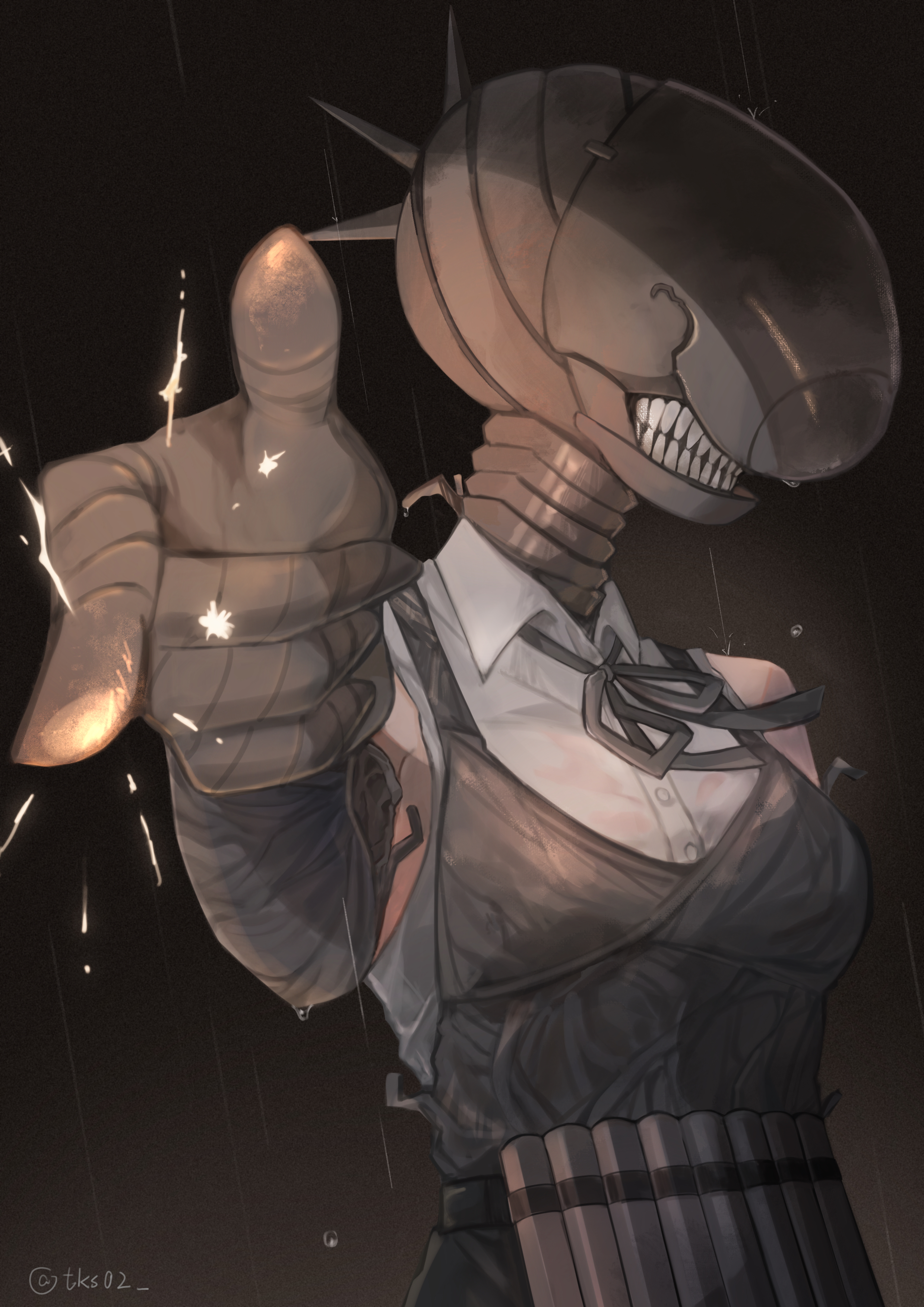 bomb devil (chainsaw man), chainsaw man, absurdres, highres, 1girl, apron, black apron, black gloves, black ribbon, collared shirt, dynamite, elbow gloves, explosive, gloves, neck ribbon, object head, pointing, pointing at viewer, rain, ribbon, shirt, solo, sparks, teeth, tks02, twitter username, wet, wet clothes, wet shirt, white shirt