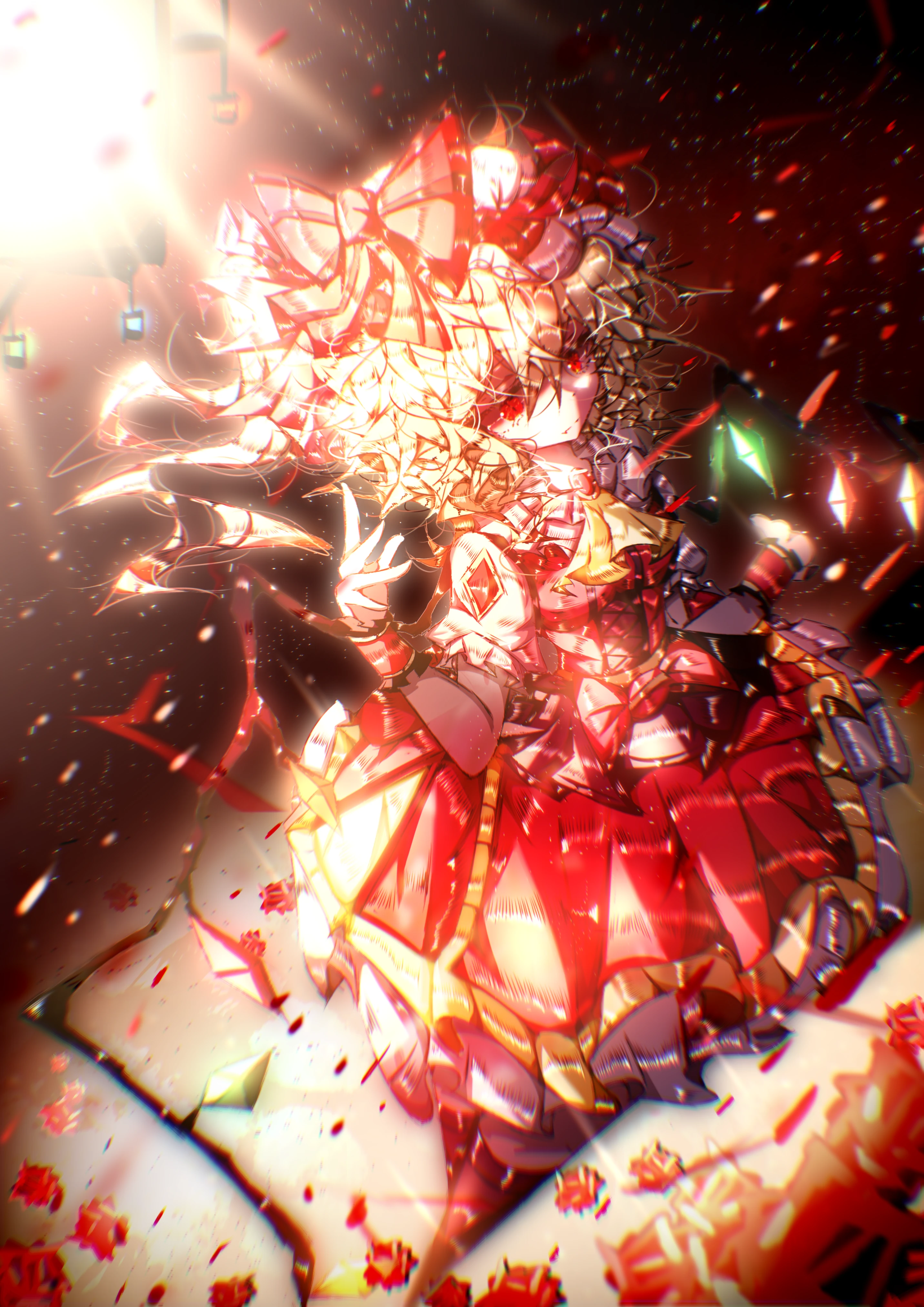 rudyboxer, flandre scarlet, touhou, absurdres, highres, blonde hair, crystal, crystal wings, dress, frilled dress, frills, gothic lolita, hat, hat ribbon, light particles, lolita fashion, mob cap, multicolored wings, red eyes, red ribbon, ribbon, wings
