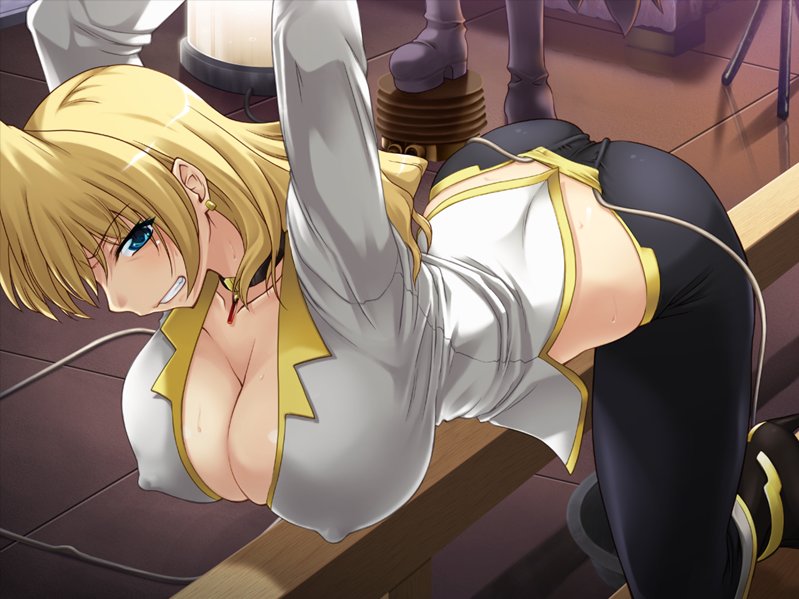 seura isago, sara scorpion, uchuu kaizoku sara, game cg, 00s, 1girl, angry, bdsm, bent over, blonde hair, blue eyes, bondage, bound, breasts, cleavage, covered erect nipples, earrings, enema, female focus, green eyes, hanging breasts, huge breasts, jewelry, nipples, skindentation, solo, sweat, wooden horse