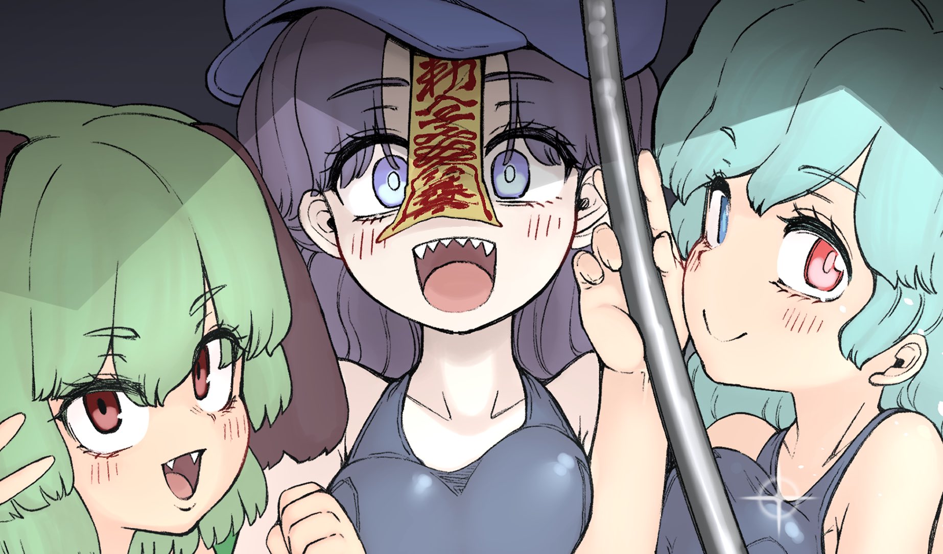shika miso, kasodani kyouko, miyako yoshika, tatara kogasa, touhou, commentary request, highres, 3girls, :d, alternate costume, blue eyes, blue hair, blush, breasts, closed mouth, dog girl, fangs, green hair, grey background, grey one-piece swimsuit, hat, heterochromia, jiangshi, looking at viewer, medium breasts, multiple girls, newsboy cap, one-piece swimsuit, open mouth, purple hair, red eyes, sharp teeth, short hair, smile, swimsuit, teeth, upper body