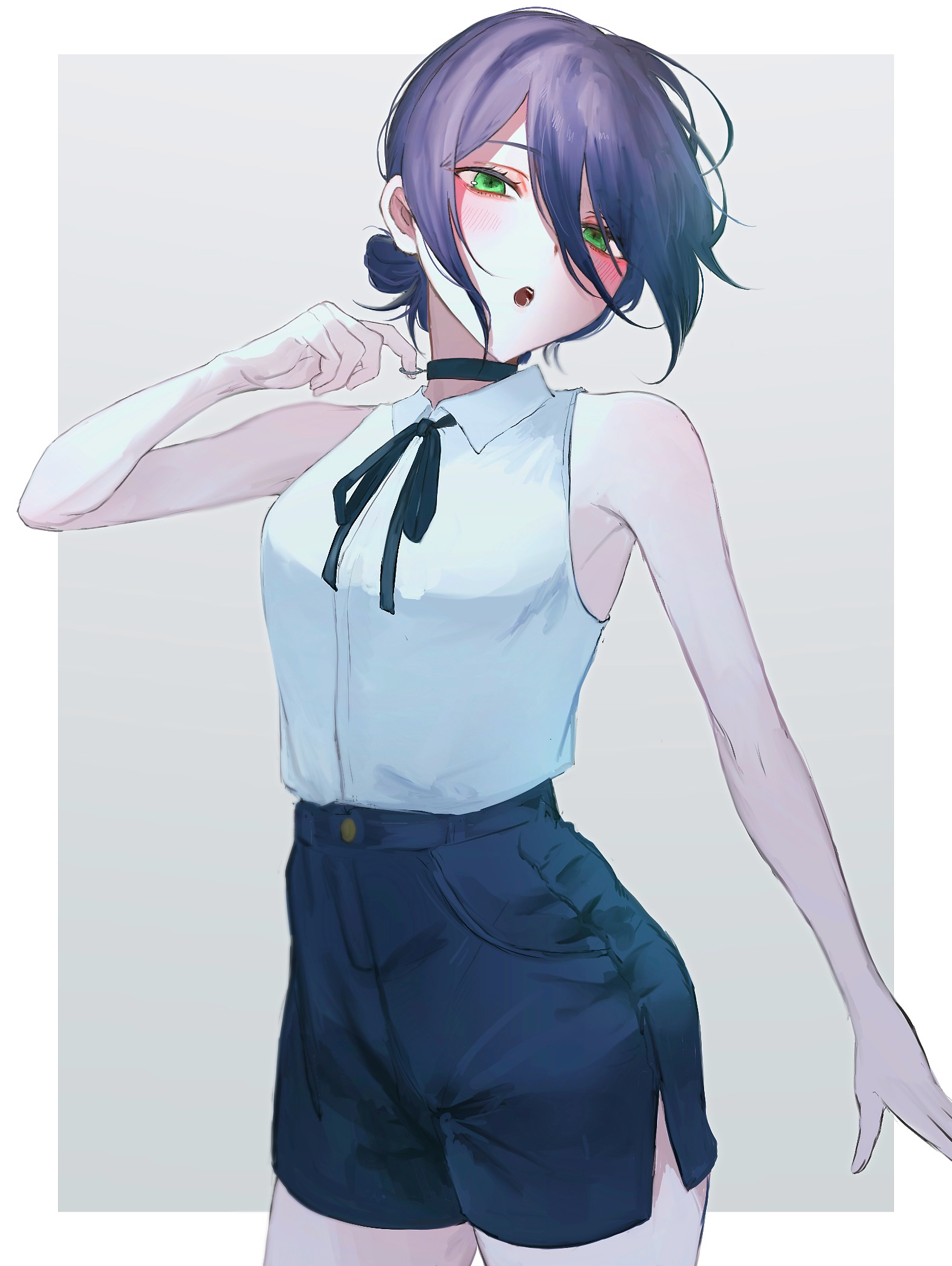 reze (chainsaw man), chainsaw man, commentary request, highres, 1girl, black choker, black ribbon, blue shorts, choker, collared shirt, green eyes, grenade pin, hair between eyes, hair bun, neck ribbon, open mouth, purple hair, pz mogumogu, ribbon, shirt, shirt tucked in, shorts, sleeveless, sleeveless shirt, solo, white shirt